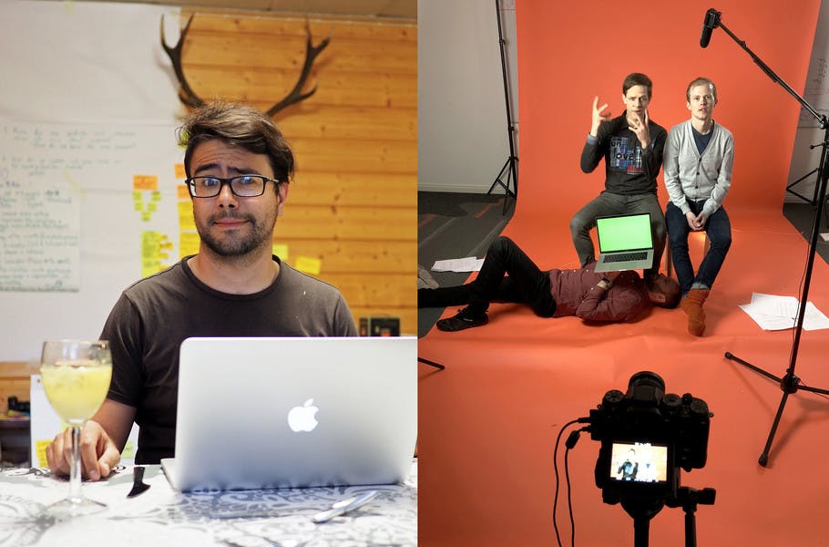 A picture of Luis working, next to a behind-the-scenes photo of making Sharetribe's marketing video.