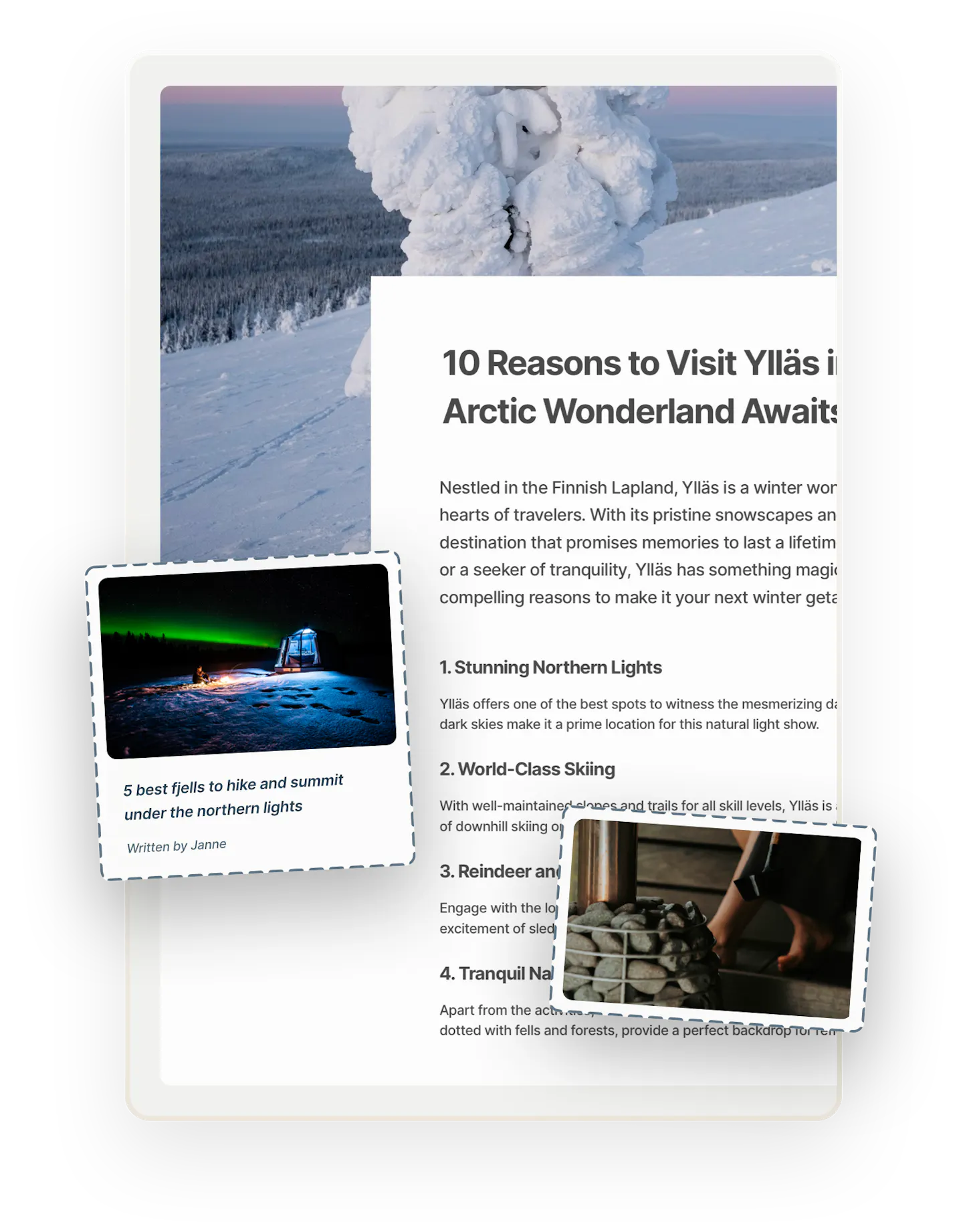 A snapshot of an example blog page on a travel marketplace powered by Sharetribe's marketplace software, titled "10 reasons to Visit Ylläs where the Arctic Wonderland Awaits." A blog thumbnail and an image of a sauna are overlaid on top.