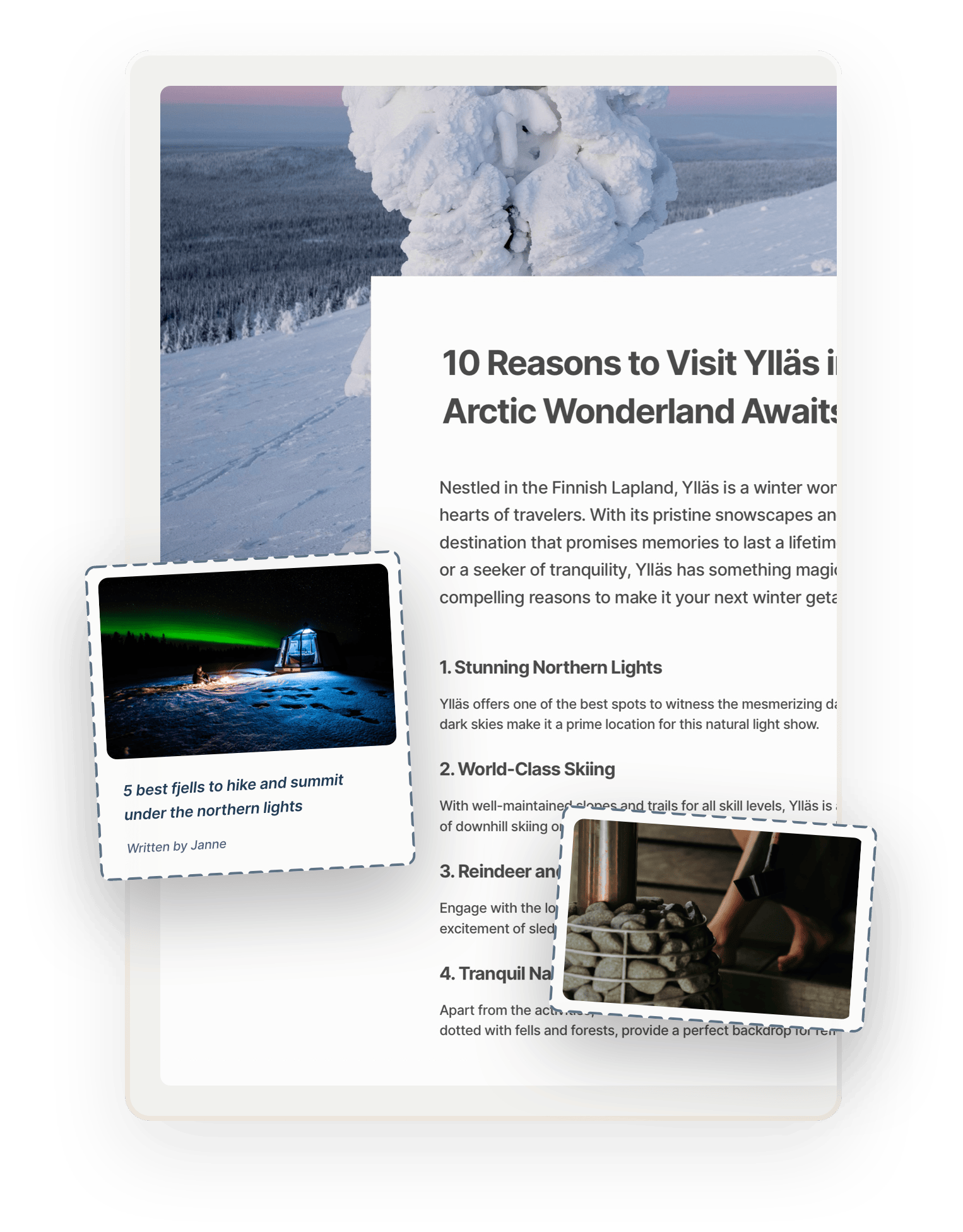 A snapshot of an example blog page on a travel marketplace powered by Sharetribe's marketplace software, titled "10 reasons to Visit Ylläs where the Arctic Wonderland Awaits." A blog thumbnail and an image of a sauna are overlaid on top.