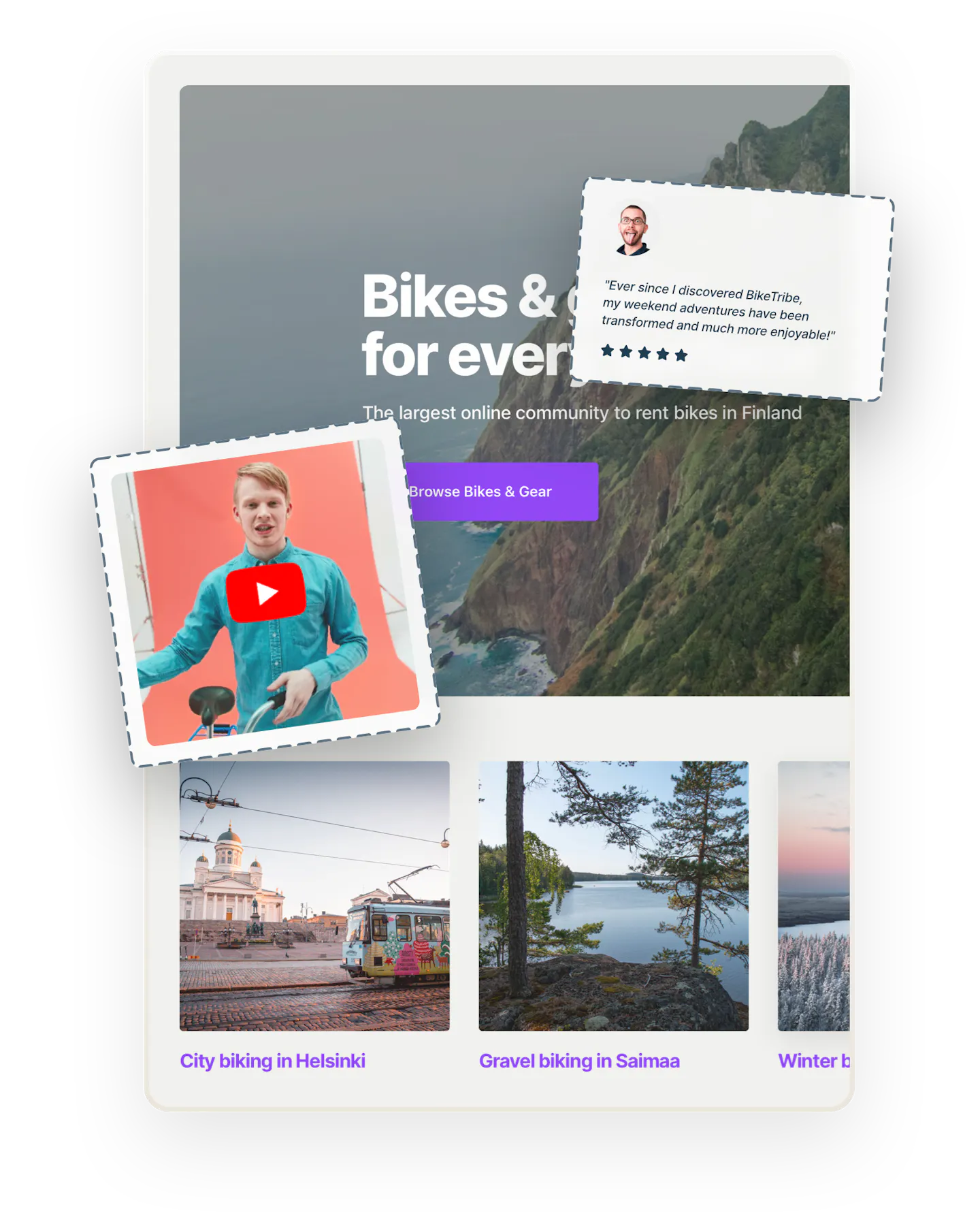 A snapshot of a landing page for a marketplace called Biketribe. An image of a 5-star review and a video thumbnail are overlaid on top.