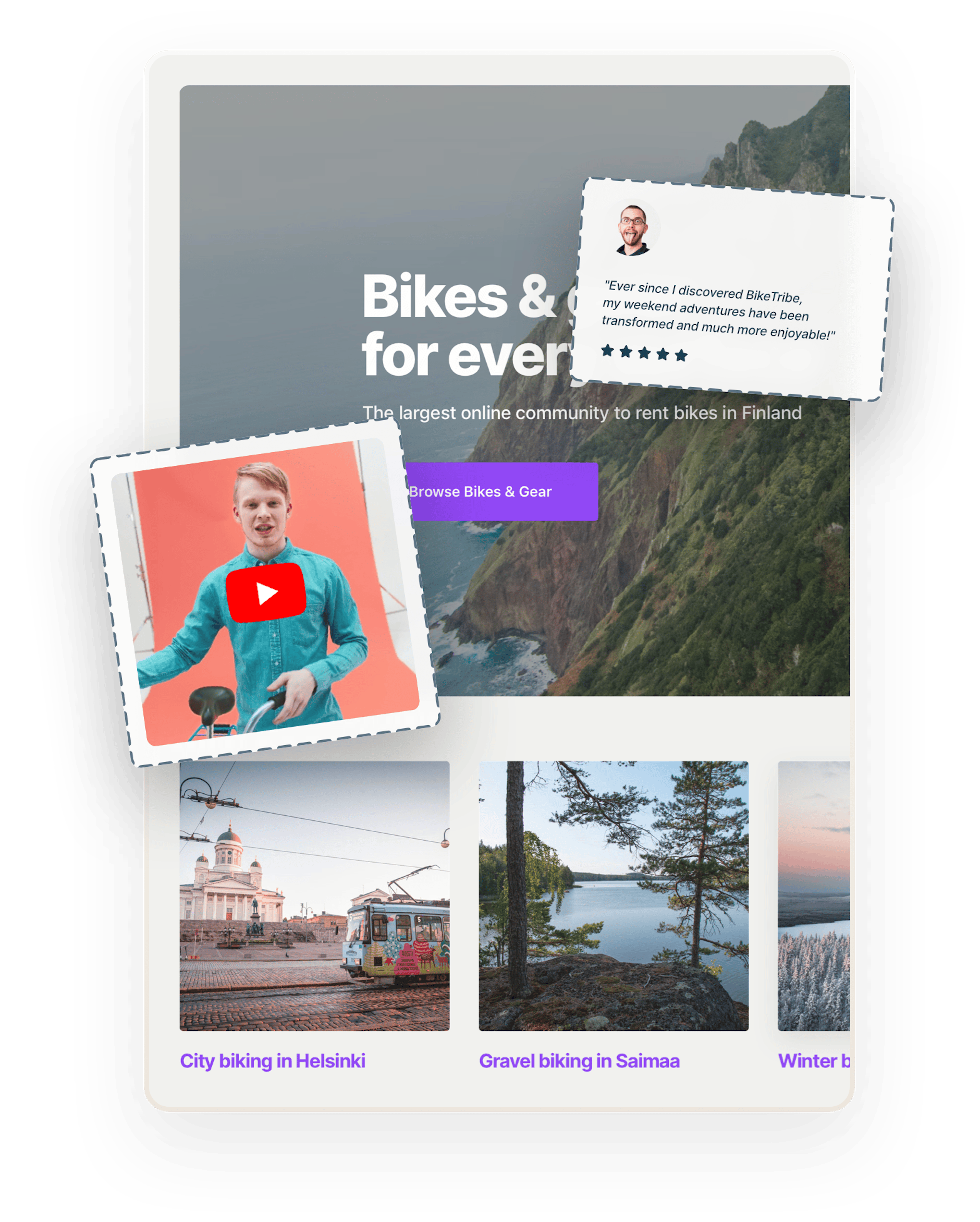 A snapshot of a landing page for a marketplace called Biketribe. An image of a 5-star review and a video thumbnail are overlaid on top.