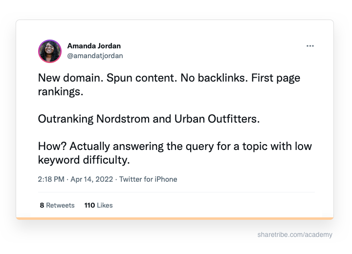 Amanda Jordan's tweet about outranking big competitors in low-difficulty keywords.