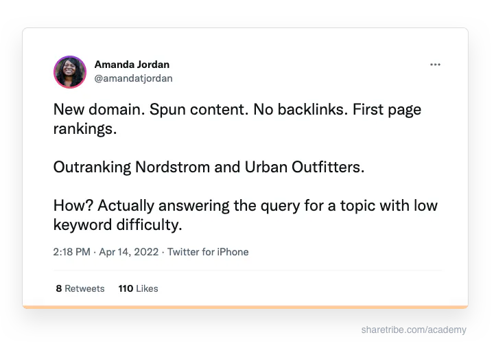 Amanda Jordan's tweet about outranking big competitors in low-difficulty keywords.