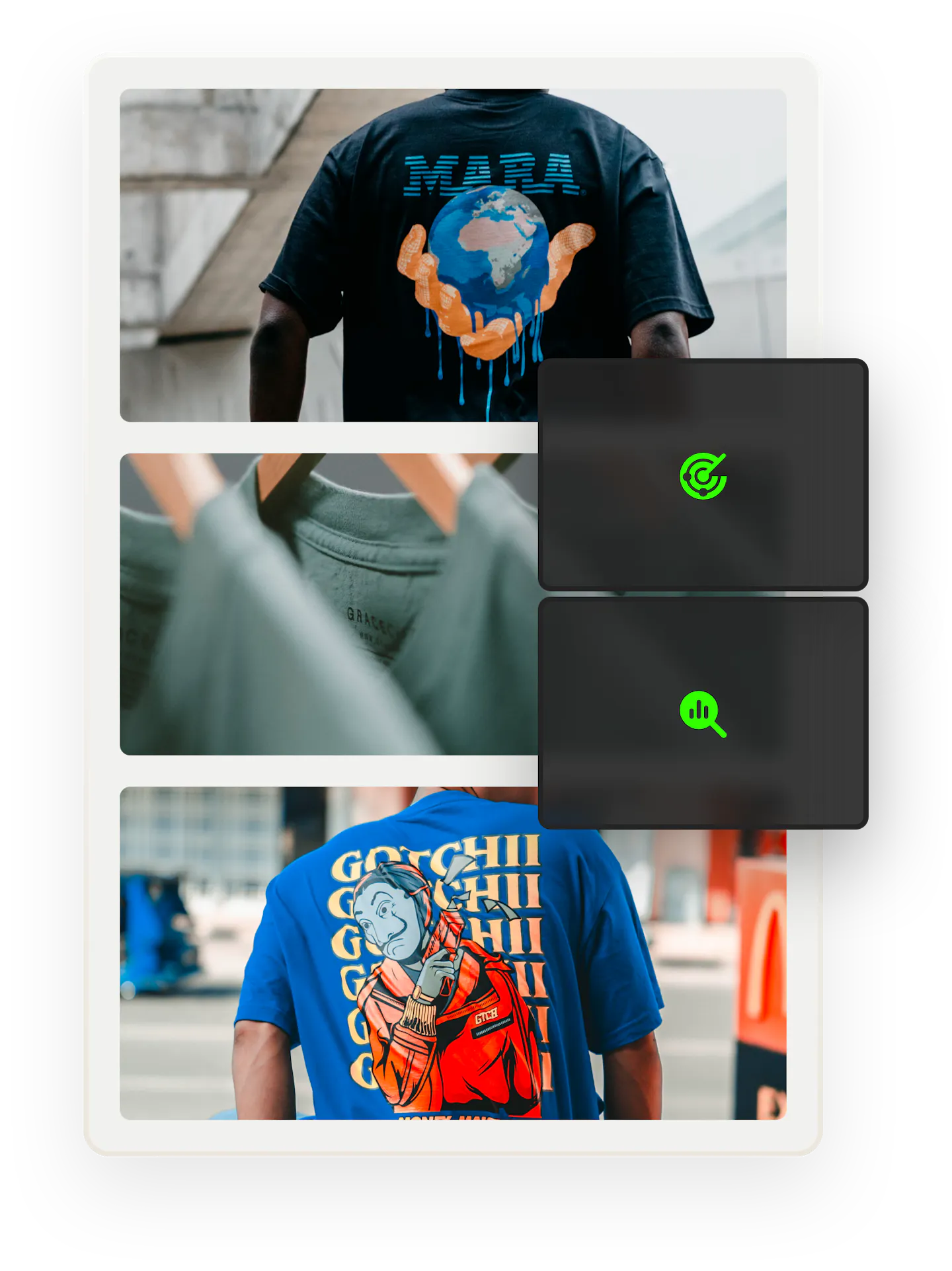 In the background, images of two people wearing print t-shirts, shot from the back, and three green shirts on hangers. Overlaid on top are icons representing performance and traffic spikes.