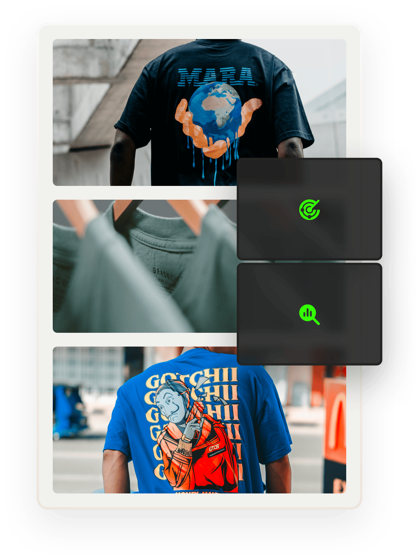 In the background, images of two people wearing print t-shirts, shot from the back, and three green shirts on hangers. Overlaid on top are icons representing performance and traffic spikes.