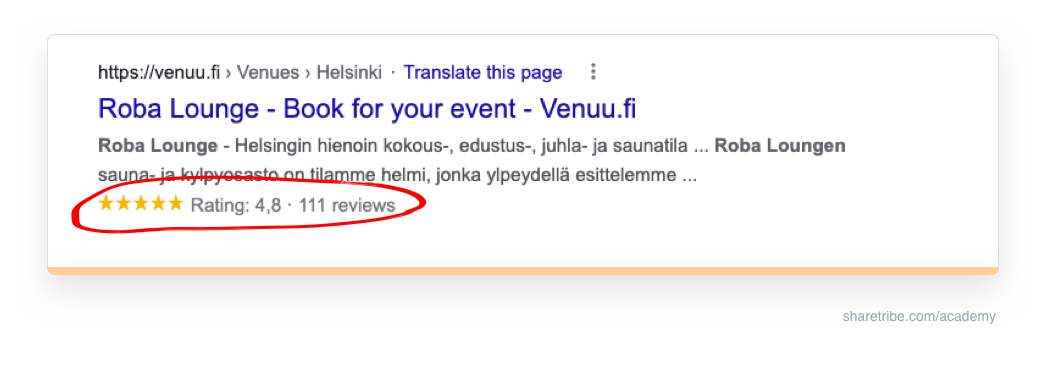 Screenshot of Venuu's Google search result using aggregate rating schema.