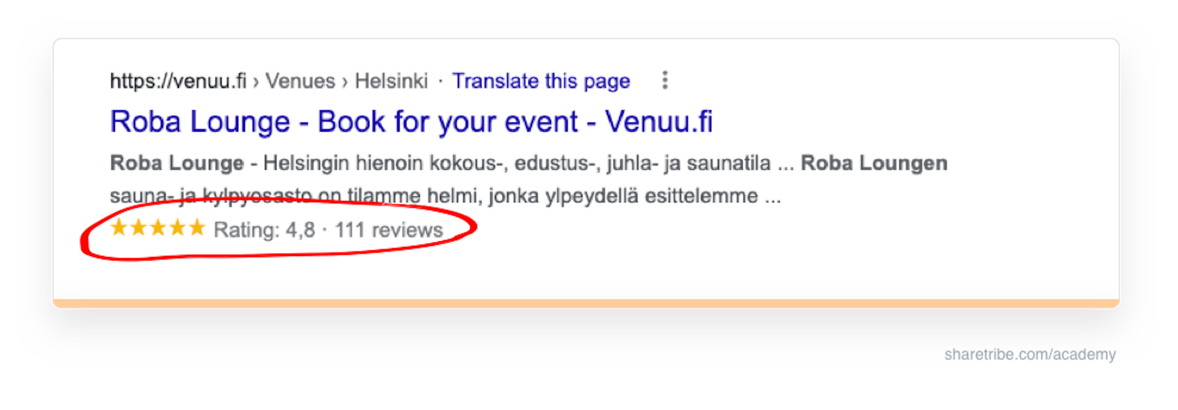Screenshot of Venuu's Google search result using aggregate rating schema.