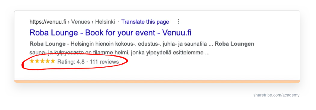 Screenshot of Venuu's Google search result using aggregate rating schema.