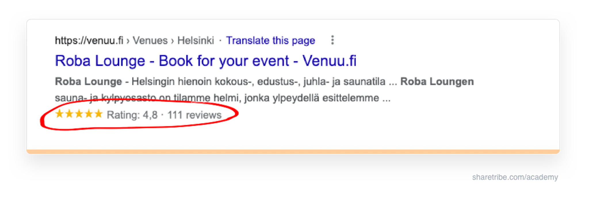Screenshot of Venuu's Google search result using aggregate rating schema.