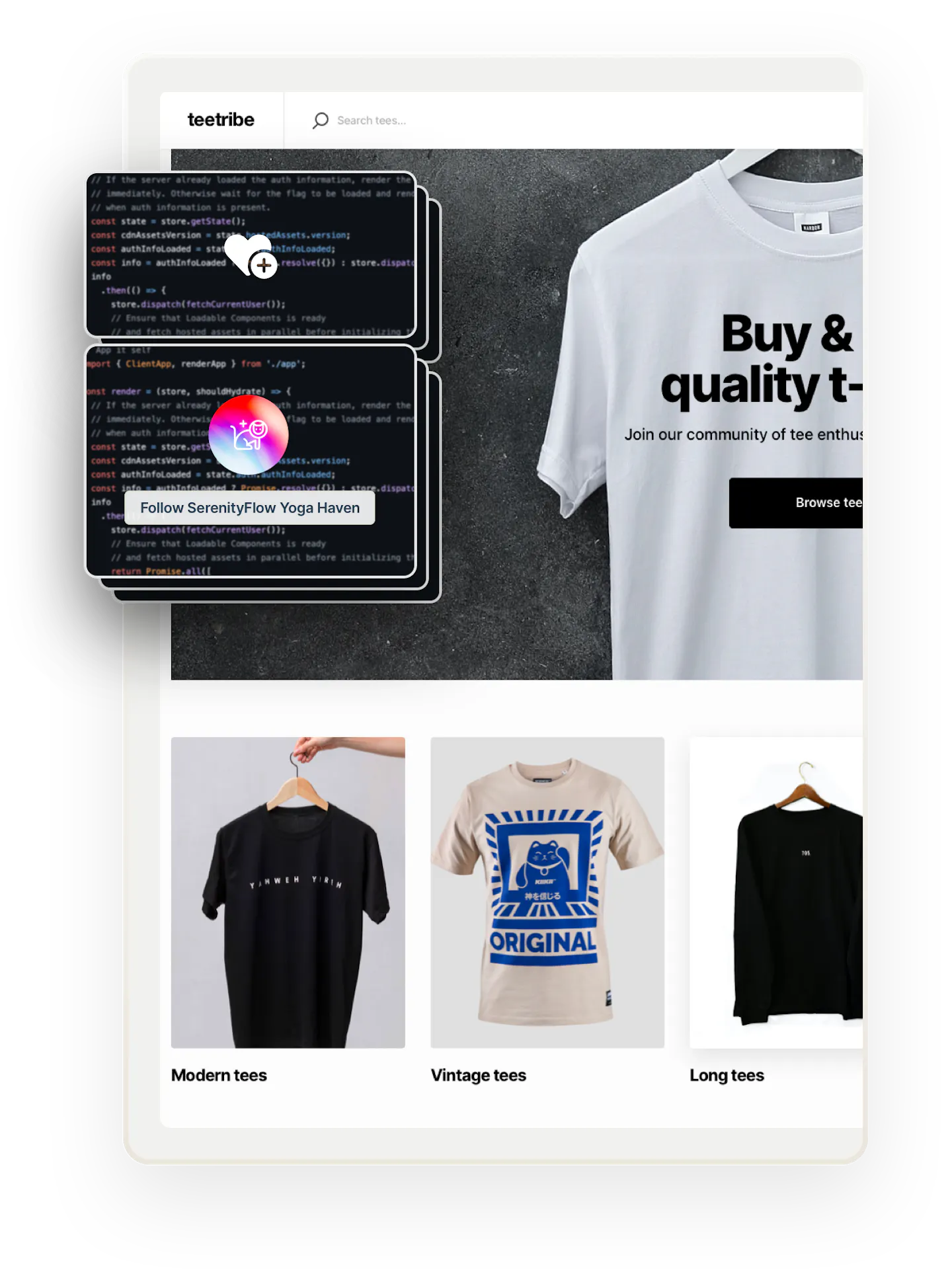 A snapshot of a landing page for Teetribe, a sample marketplace for selling t-shirts, featuring an image of a white t-shirt on a hanger. Overlaid on top are several boxes showing code. The two on top show a like symbol and a follow button, showing that these features can be added with coding.