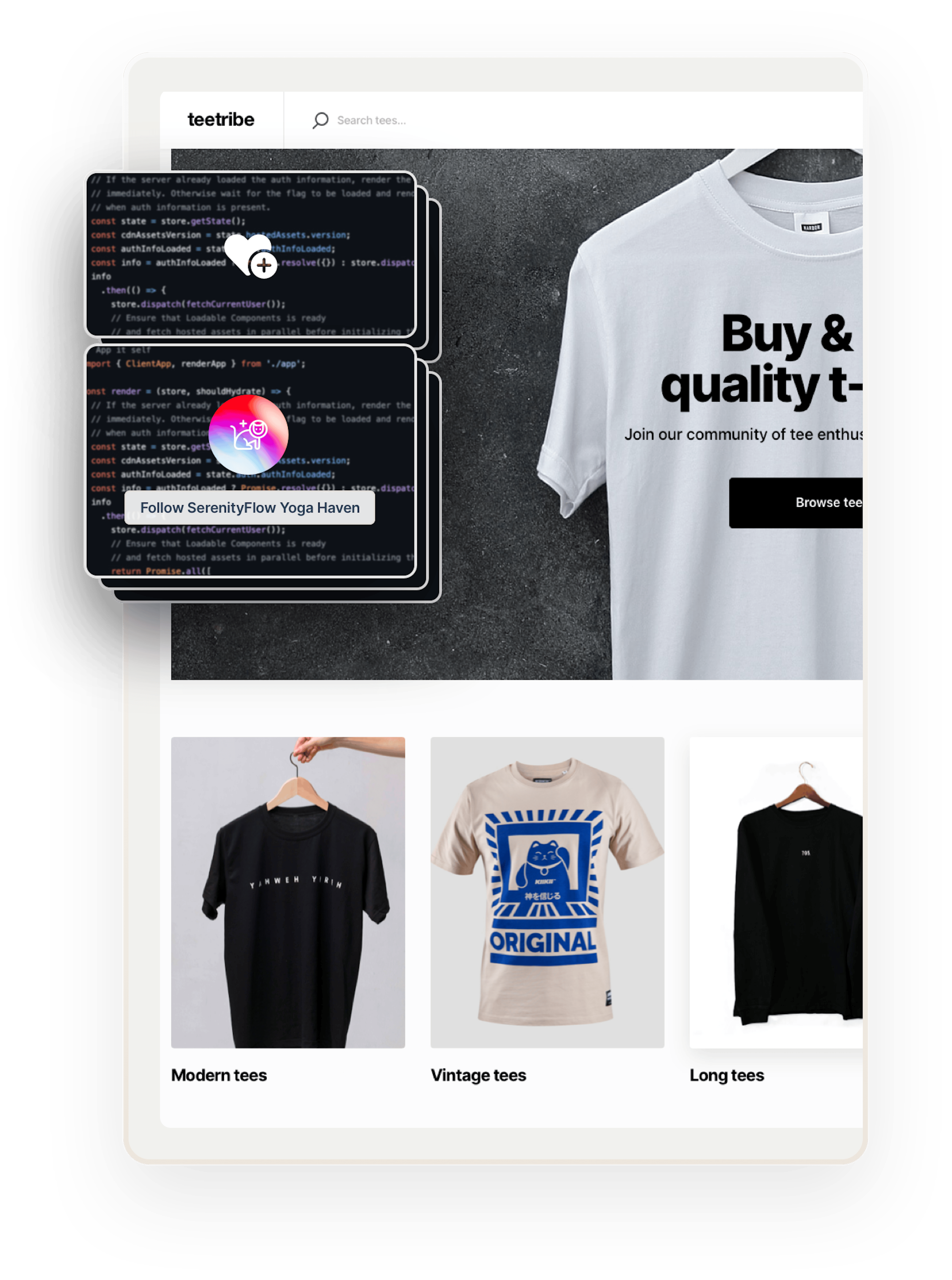 A snapshot of a landing page for Teetribe, a sample marketplace for selling t-shirts, featuring an image of a white t-shirt on a hanger. Overlaid on top are several boxes showing code. The two on top show a like symbol and a follow button, showing that these features can be added with coding.