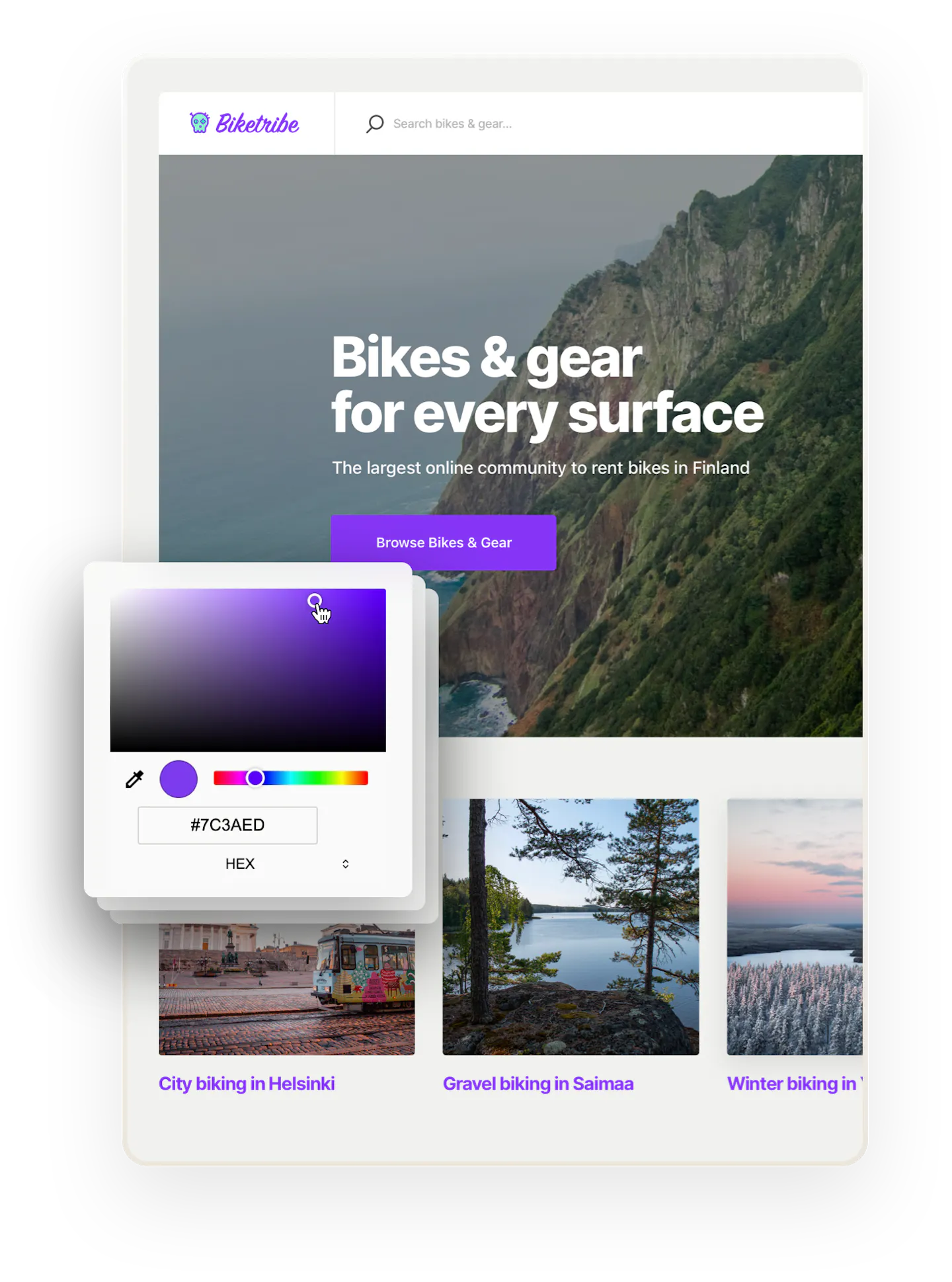 A snapshot of the Biketribe marketplace home page. The page says "Bikes and gear for every surface!" On top, there are multiple boxes overlaid. The one on top shows a color selector.