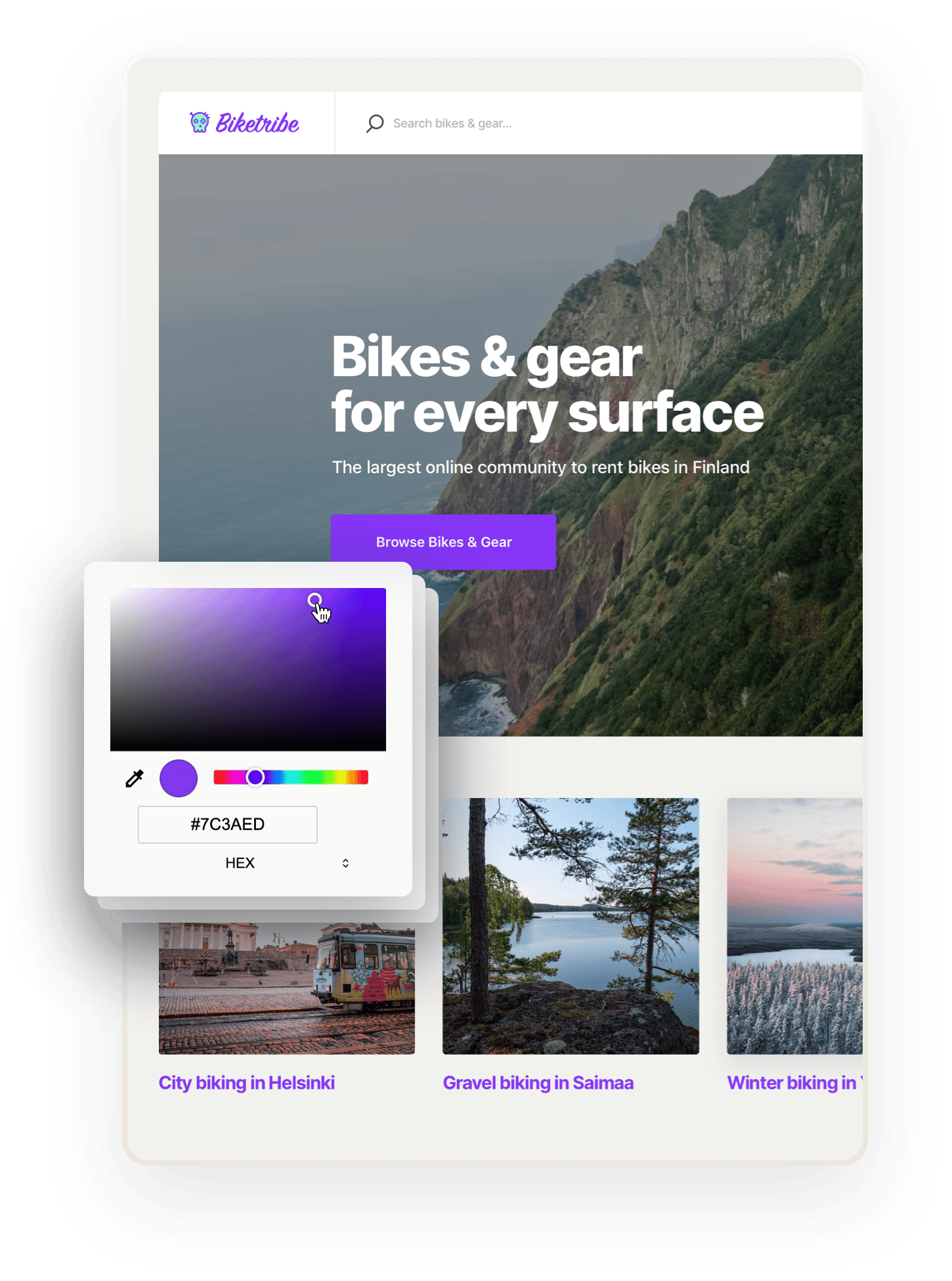 A snapshot of the Biketribe marketplace home page. The page says "Bikes and gear for every surface!" On top, there are multiple boxes overlaid. The one on top shows a color selector.