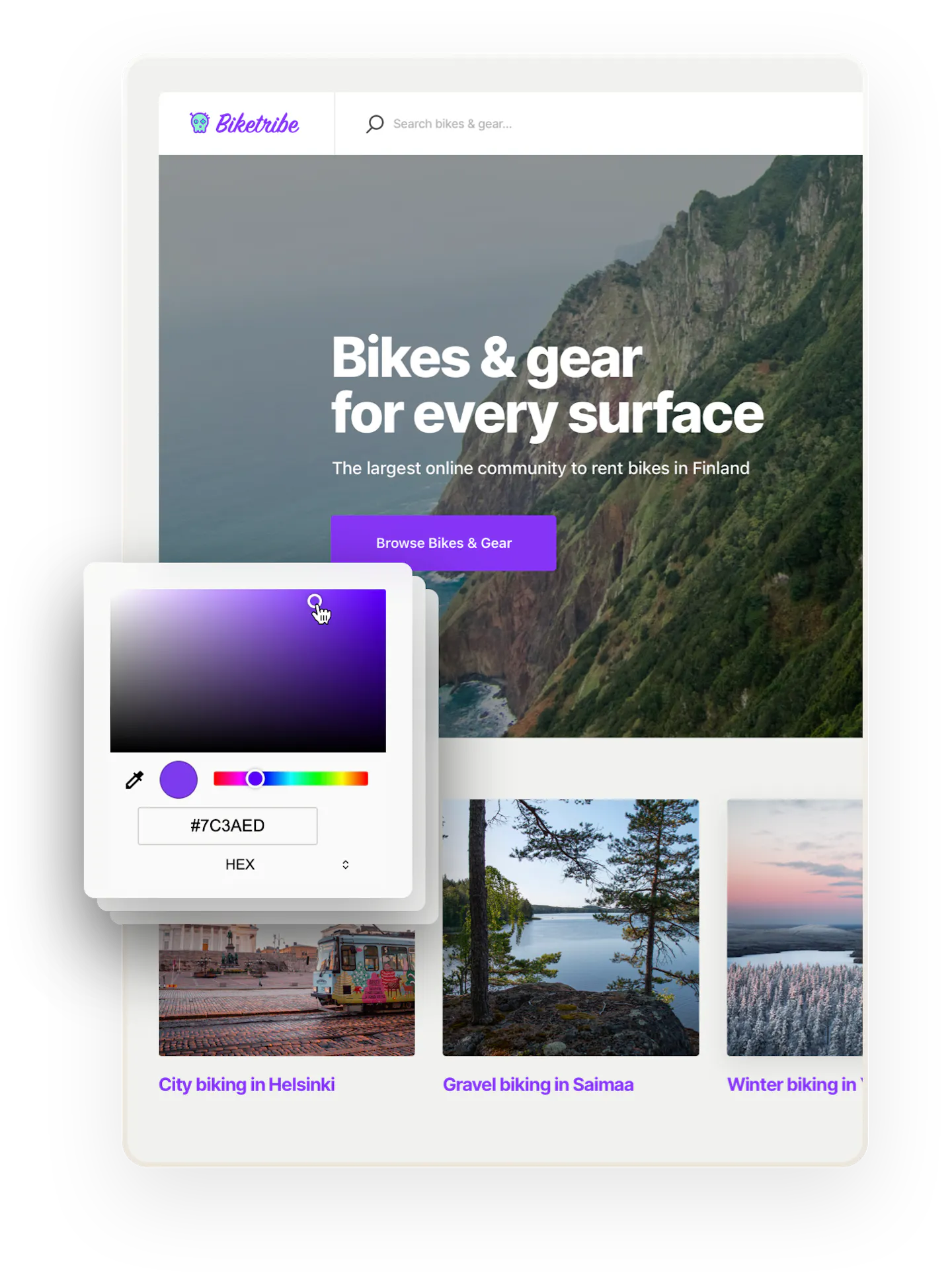 A snapshot of the Biketribe marketplace home page. The page says "Bikes and gear for every surface!" On top, there are multiple boxes overlaid. The one on top shows a color selector.