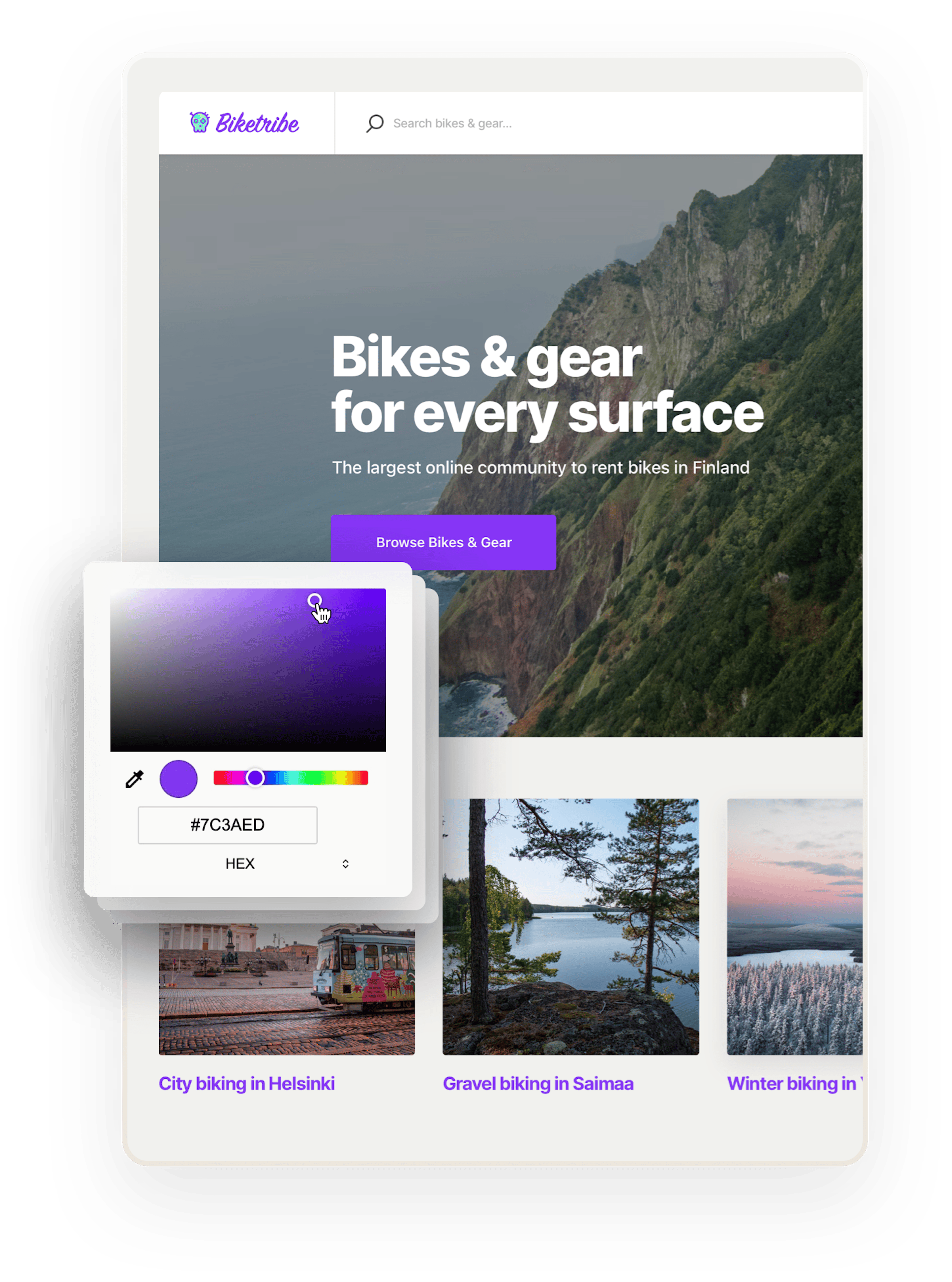 A snapshot of the Biketribe marketplace home page. The page says "Bikes and gear for every surface!" On top, there are multiple boxes overlaid. The one on top shows a color selector.