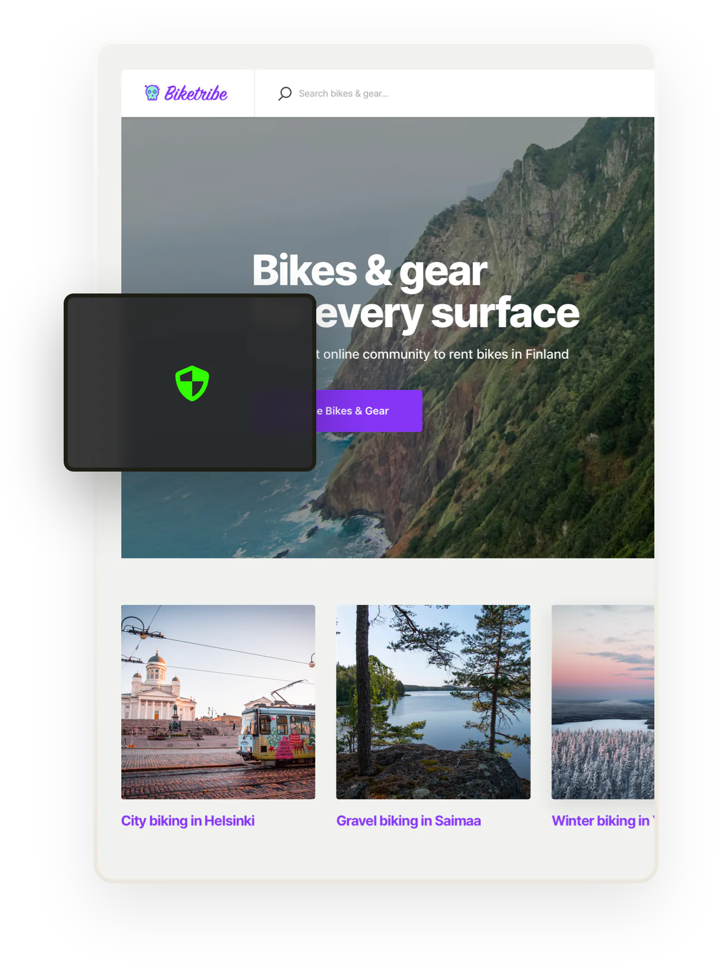 A shield symbol overlaid on top a marketplace homepage.