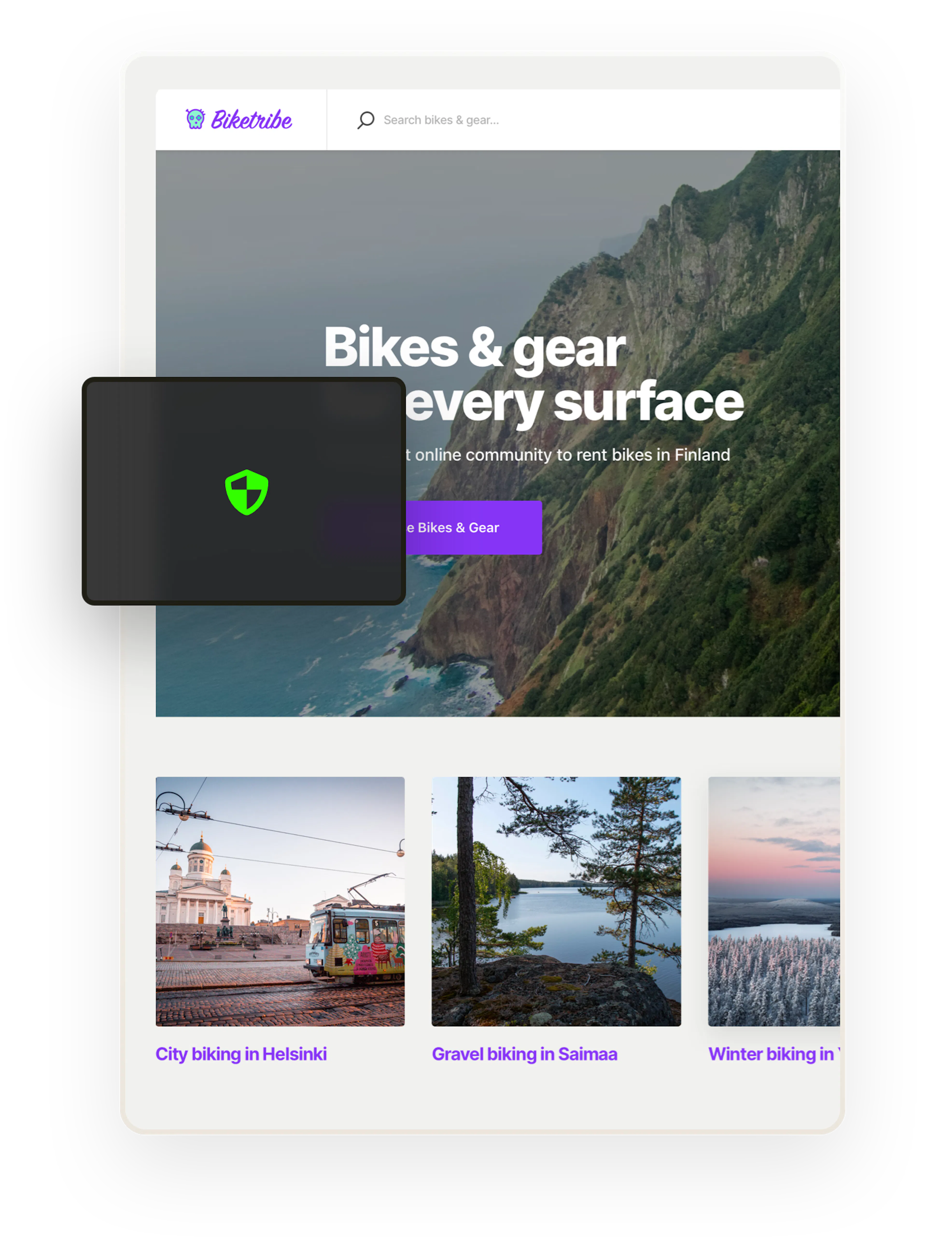 A shield symbol overlaid on top a marketplace homepage.