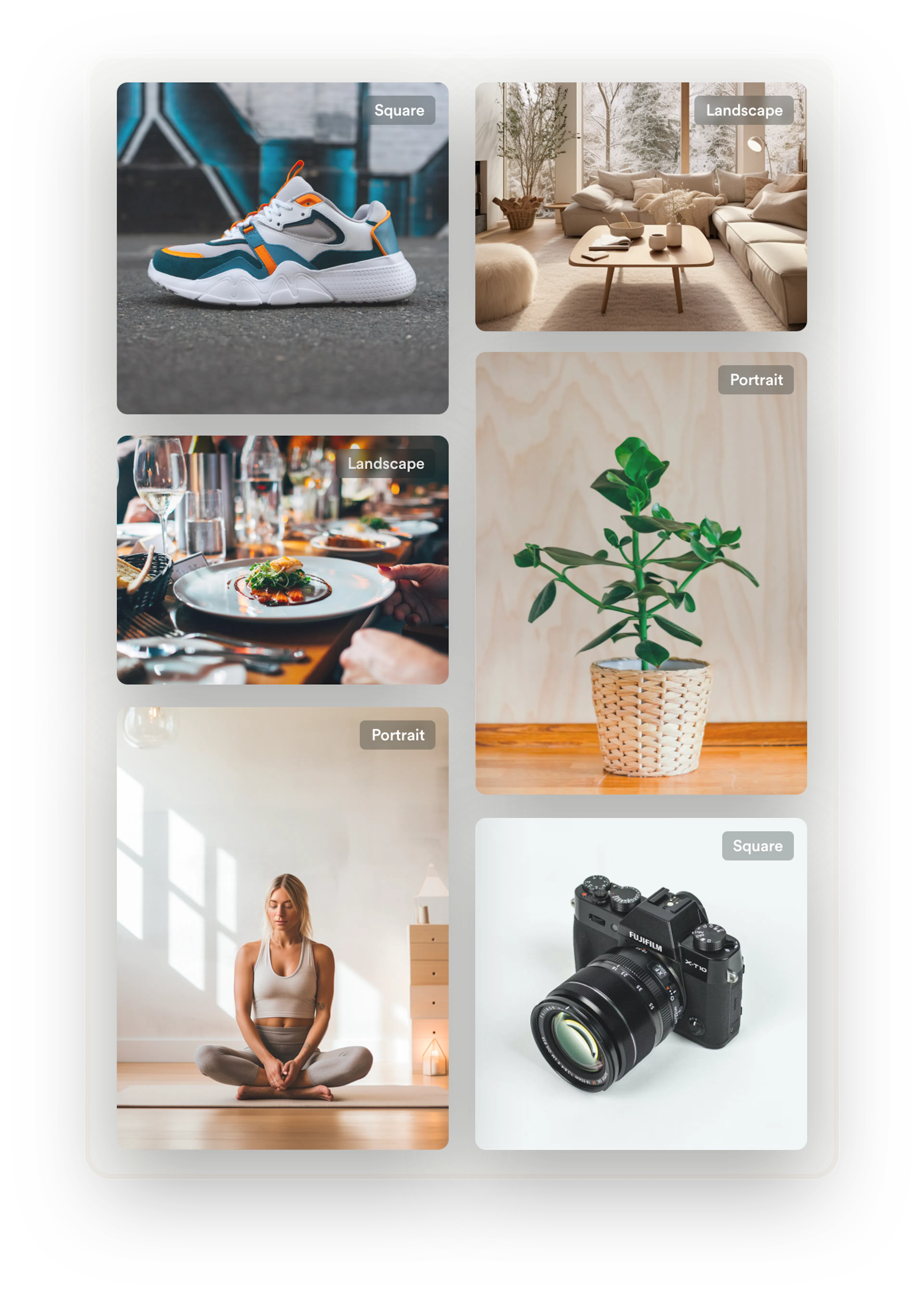 Selection of square, landscape, and portrait listing images, including a sneaker, a living room, a fine dining dish, a potted plant, a yogi, and a camera.