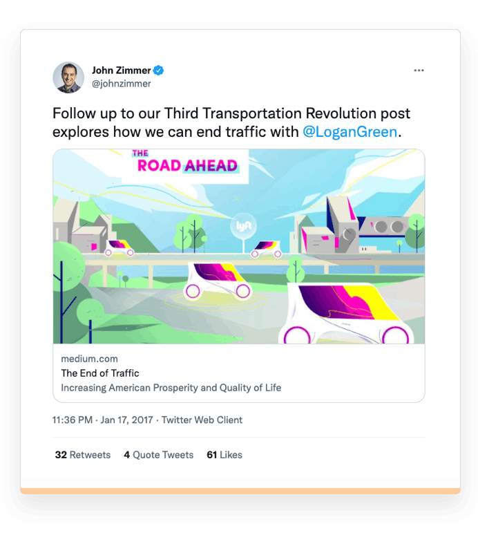 Screenshot of a tweet by Lyft co-founder John Zimmer.