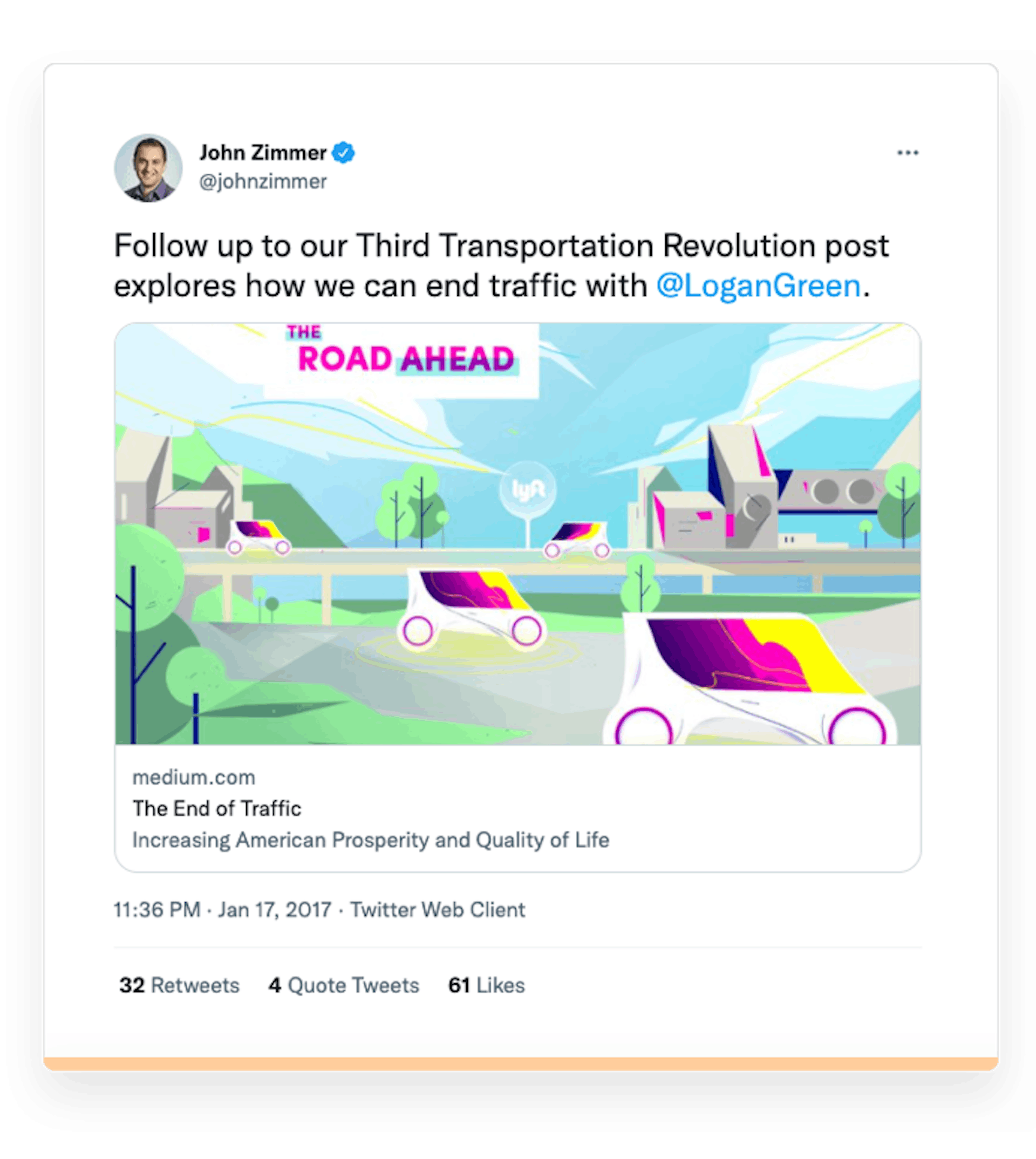 Screenshot of a tweet by Lyft co-founder John Zimmer.