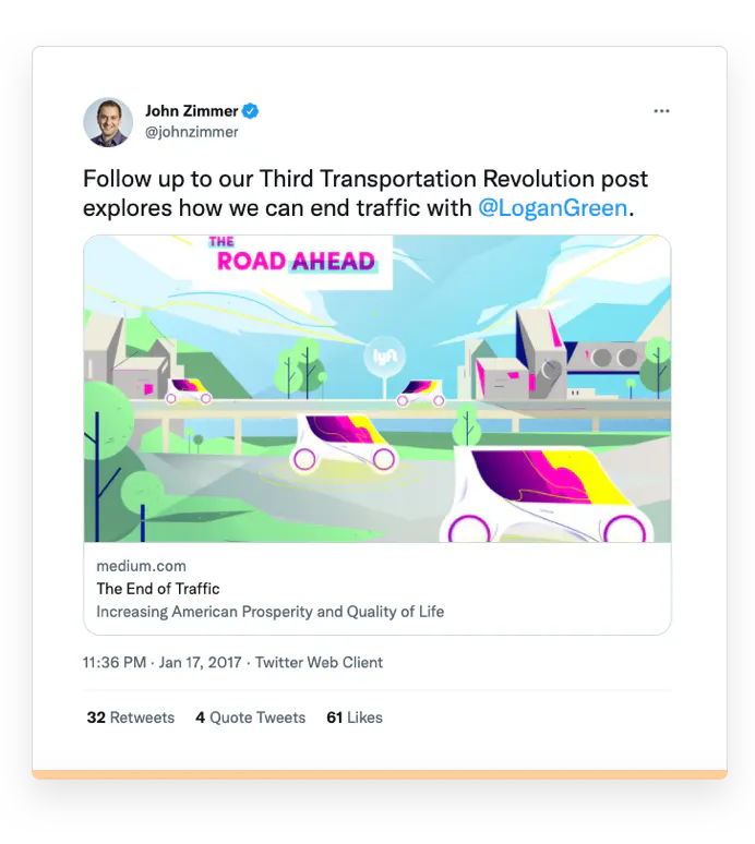 Screenshot of a tweet by Lyft co-founder John Zimmer.