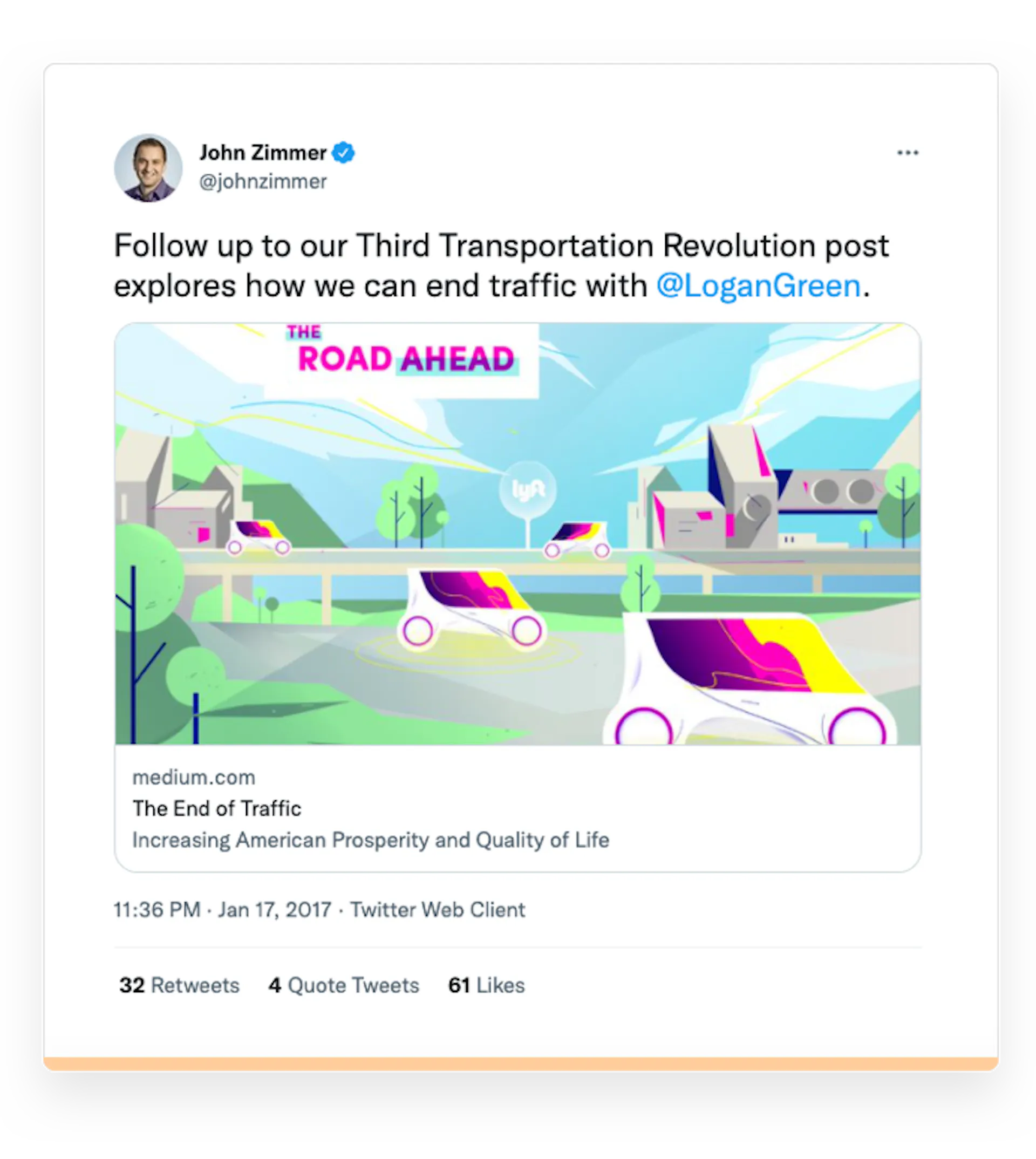 Screenshot of a tweet by Lyft co-founder John Zimmer.