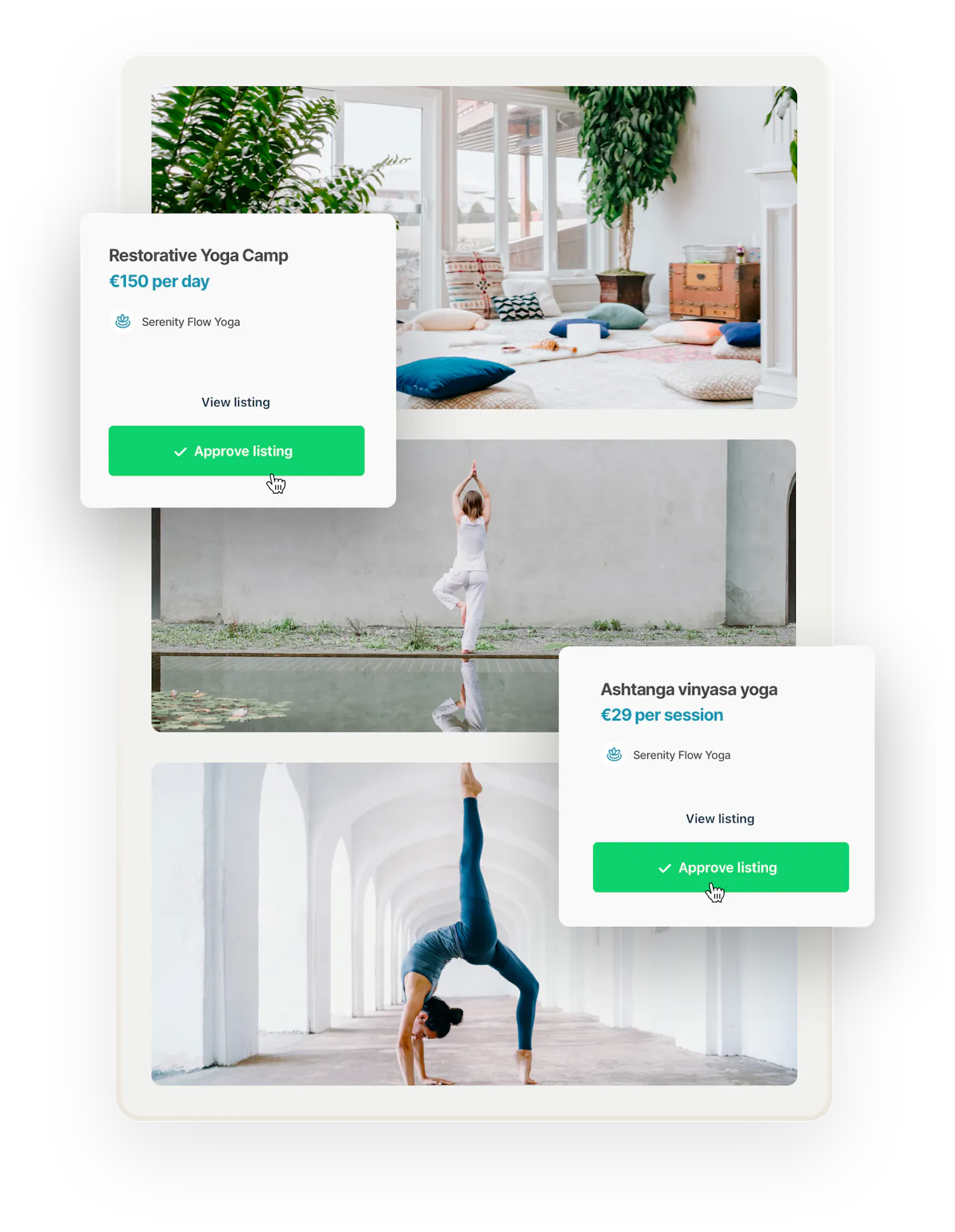 Three images of yoga-related things. First, a comfortable yoga studio with plants and pillows. Below, two people doing yoga. Overlaid on top are two boxes of listings the operator needs to approve before they're published.