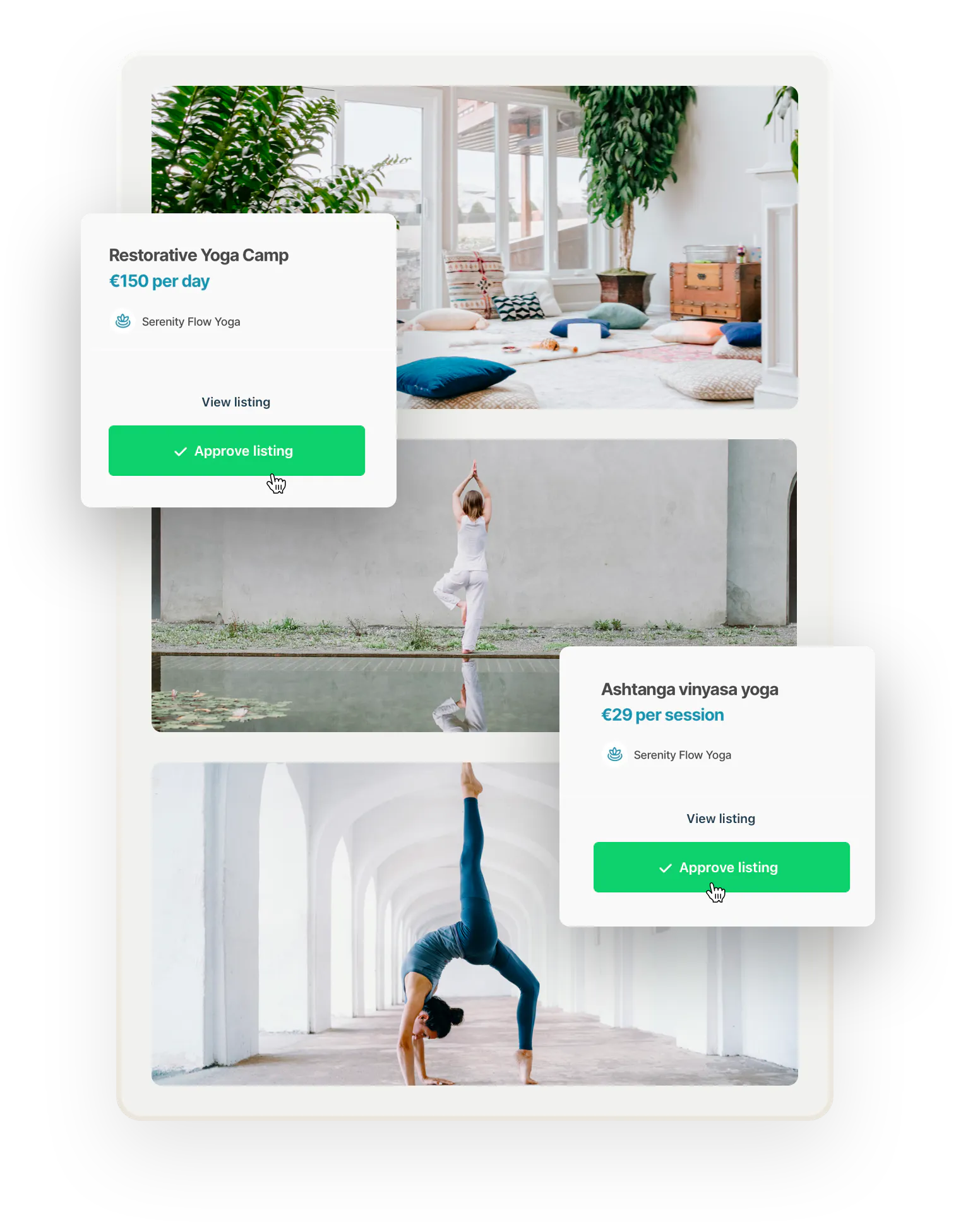 Three images of yoga-related things. First, a comfortable yoga studio with plants and pillows. Below, two people doing yoga. Overlaid on top are two boxes of listings the operator needs to approve before they're published.