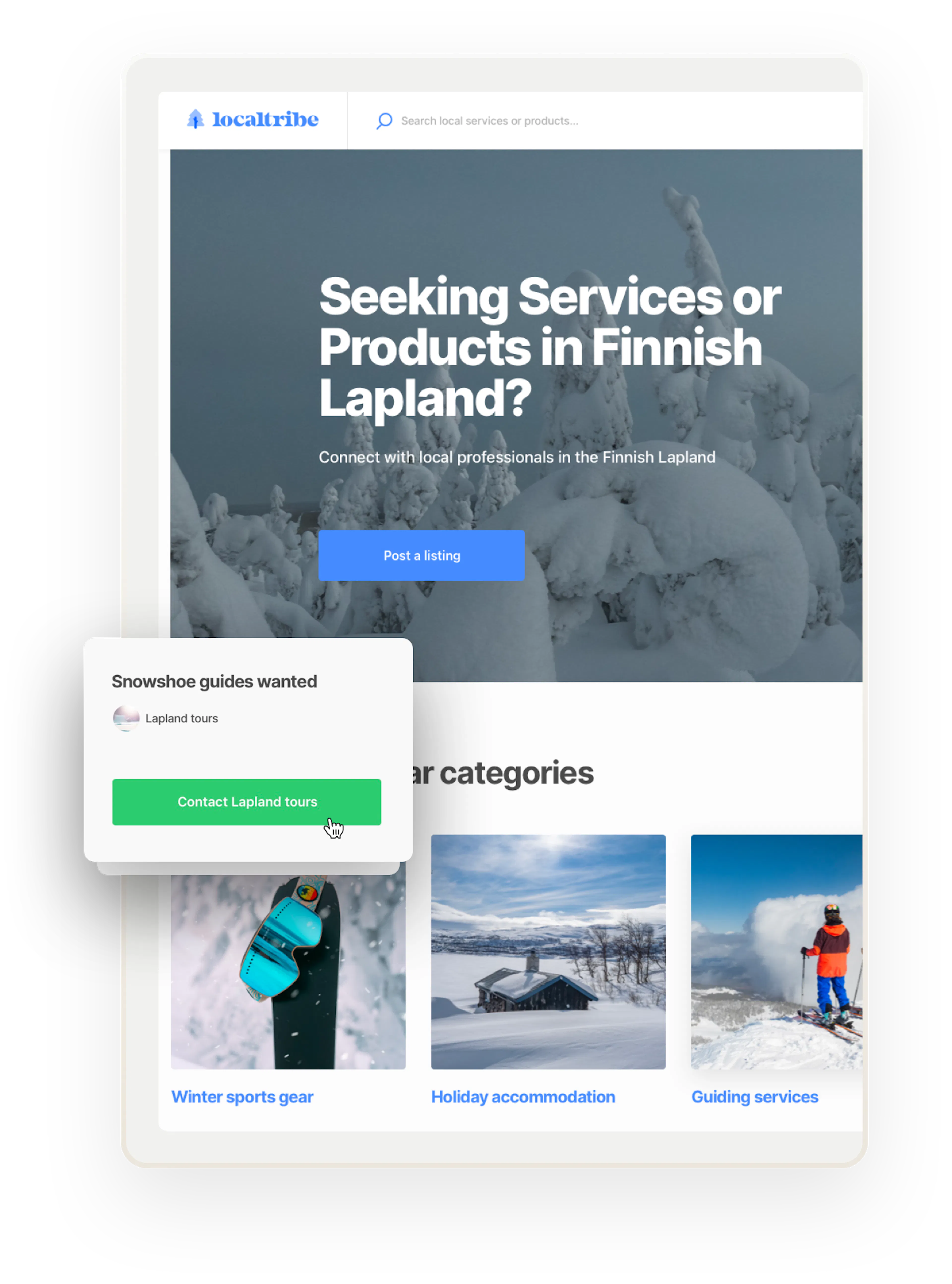 A snapshot of a landing page of a sample marketplace in Finnish Lapland. Overlaid is a listing of a tour provider, Lapland Tours, looking for new snowshoe tour guides.