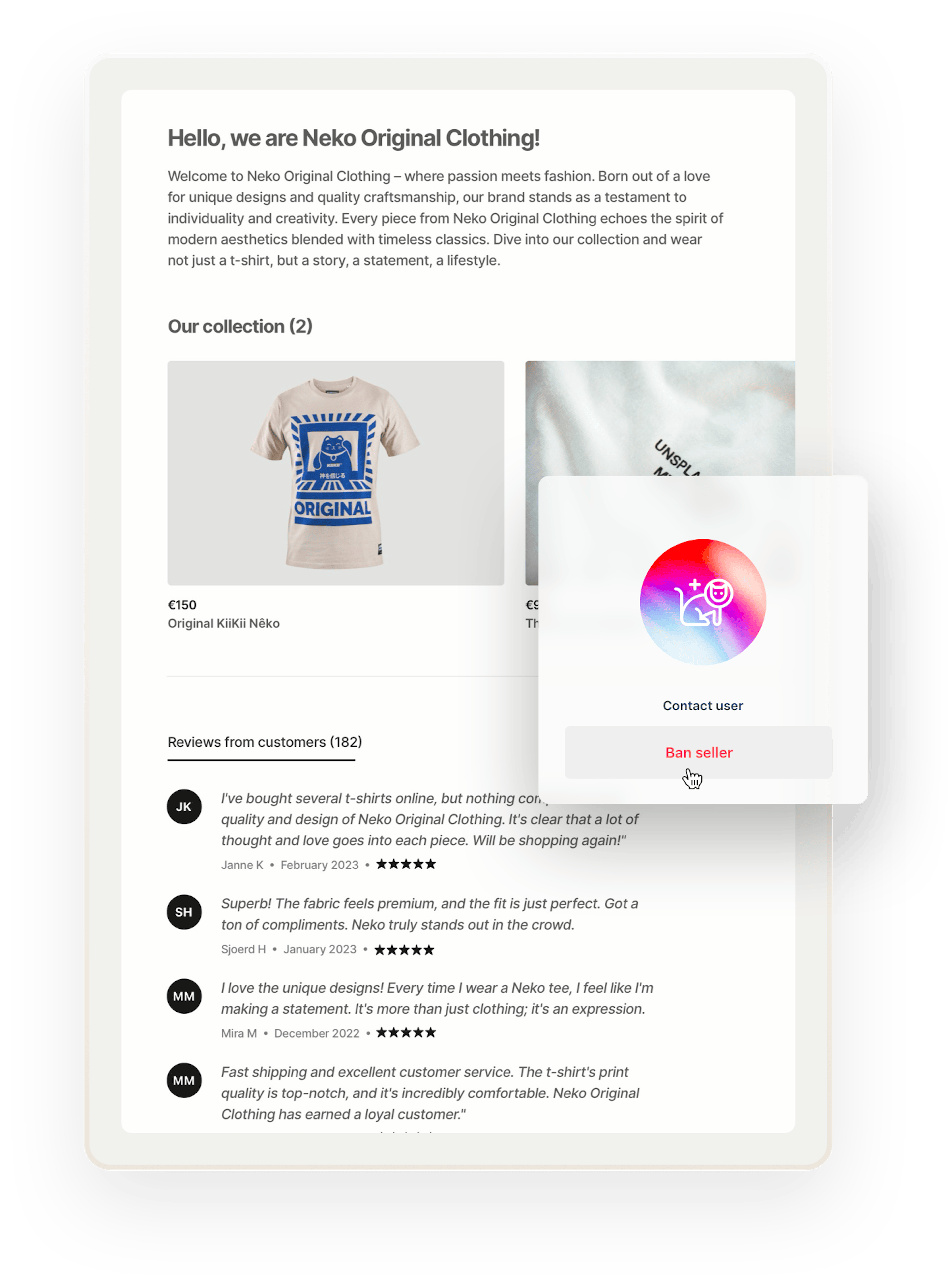 The storefront page for a t-shirt seller that shows glowing reviews from customers. Still, the operator is considering banning the seller from the marketplace. We can assume they must know something we don't.