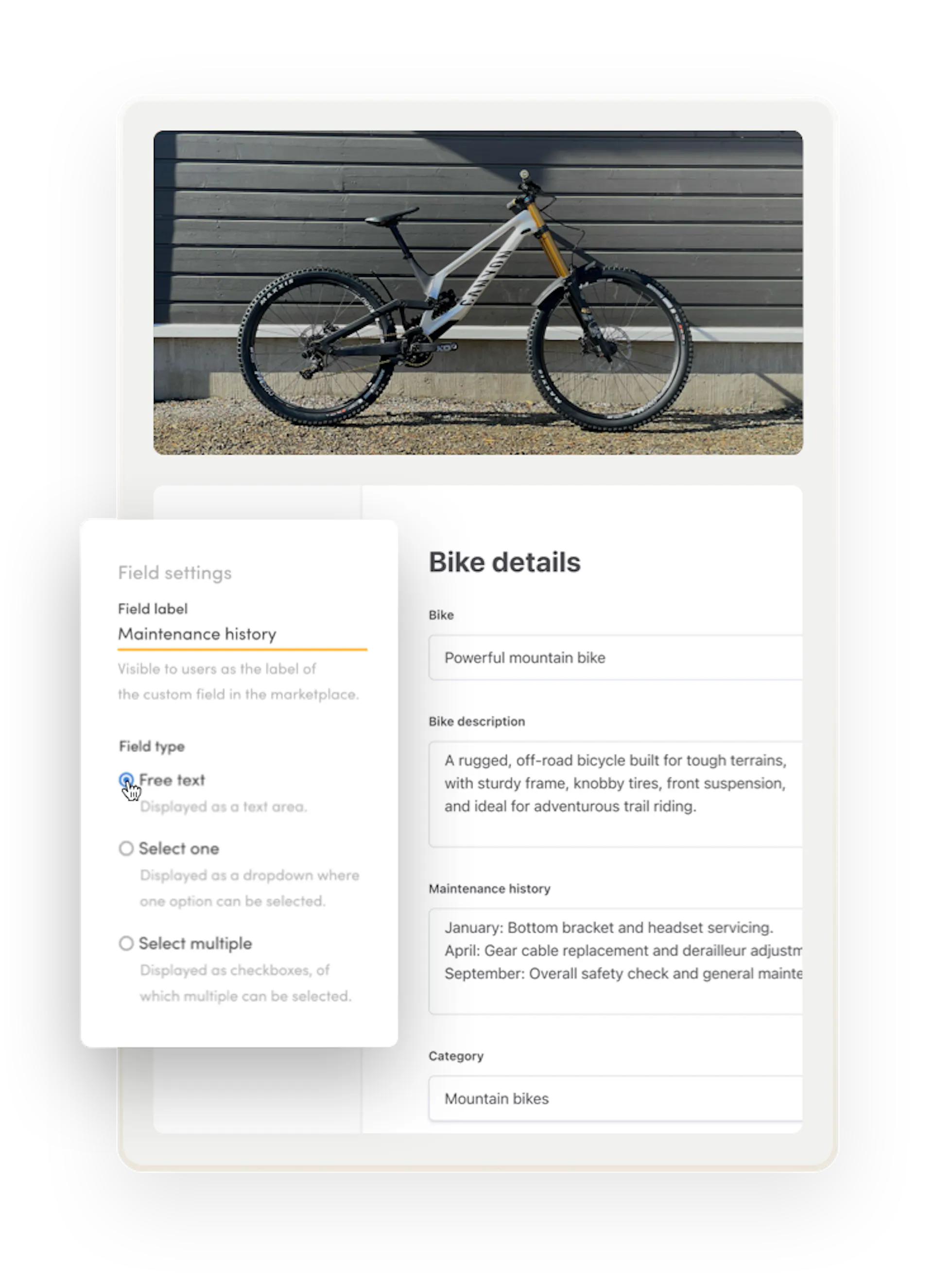 The listing creation form. Someone is creating a listing, "Powerful mountain bike." The listing has a free text field for the maintenance history.