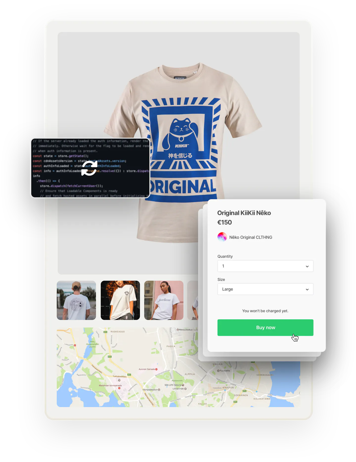 A t-shirt with a print of a stylized kitten and the text ORIGINAL. Below are images of people wearing t-shirts and a map. Overlaid on top are purchase forms with a Buy now button and a box of code with a sync symbol.