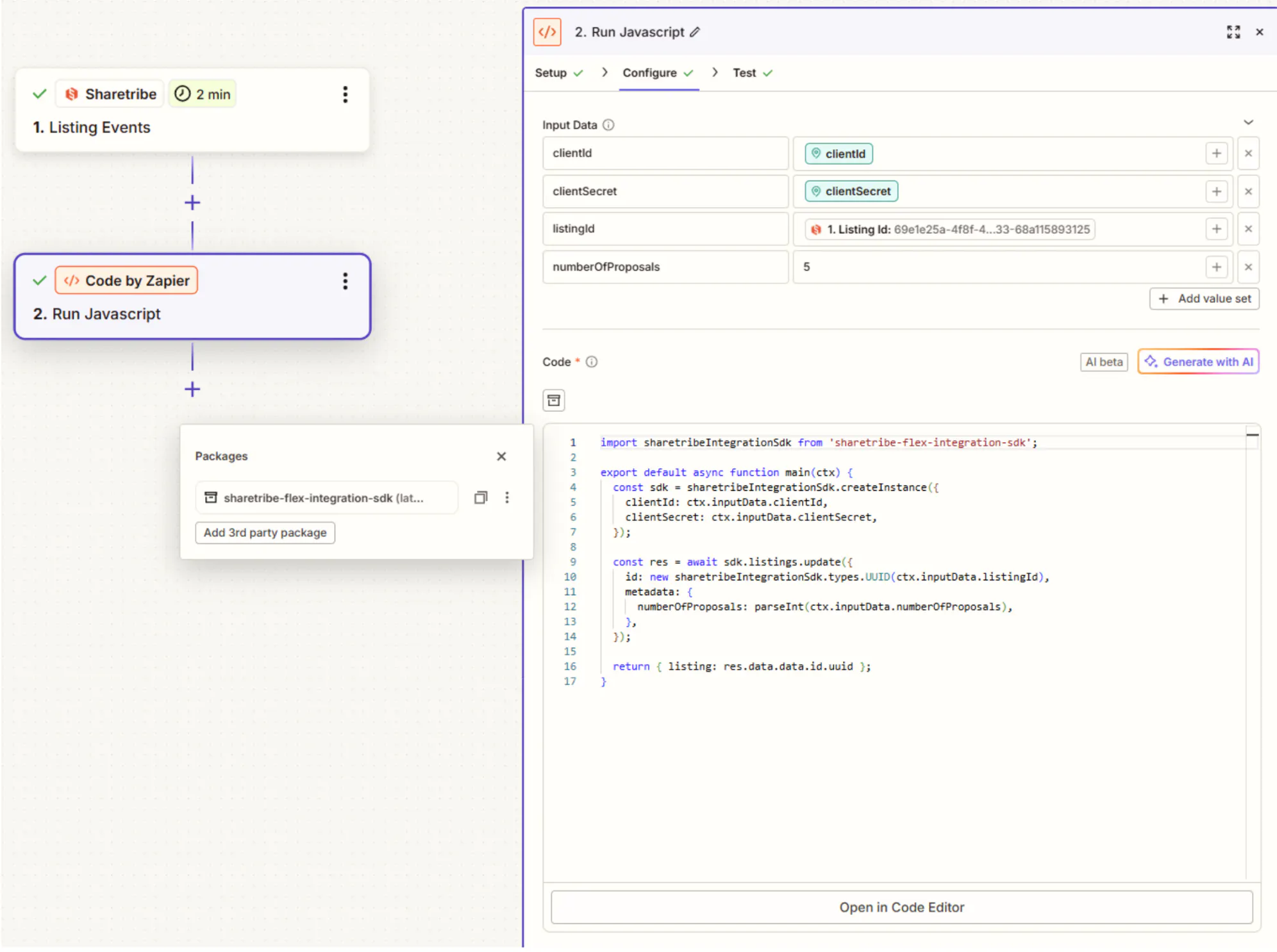 Screenshot of the Zapier dashboard showing an example of how to use code as a part of the Zap