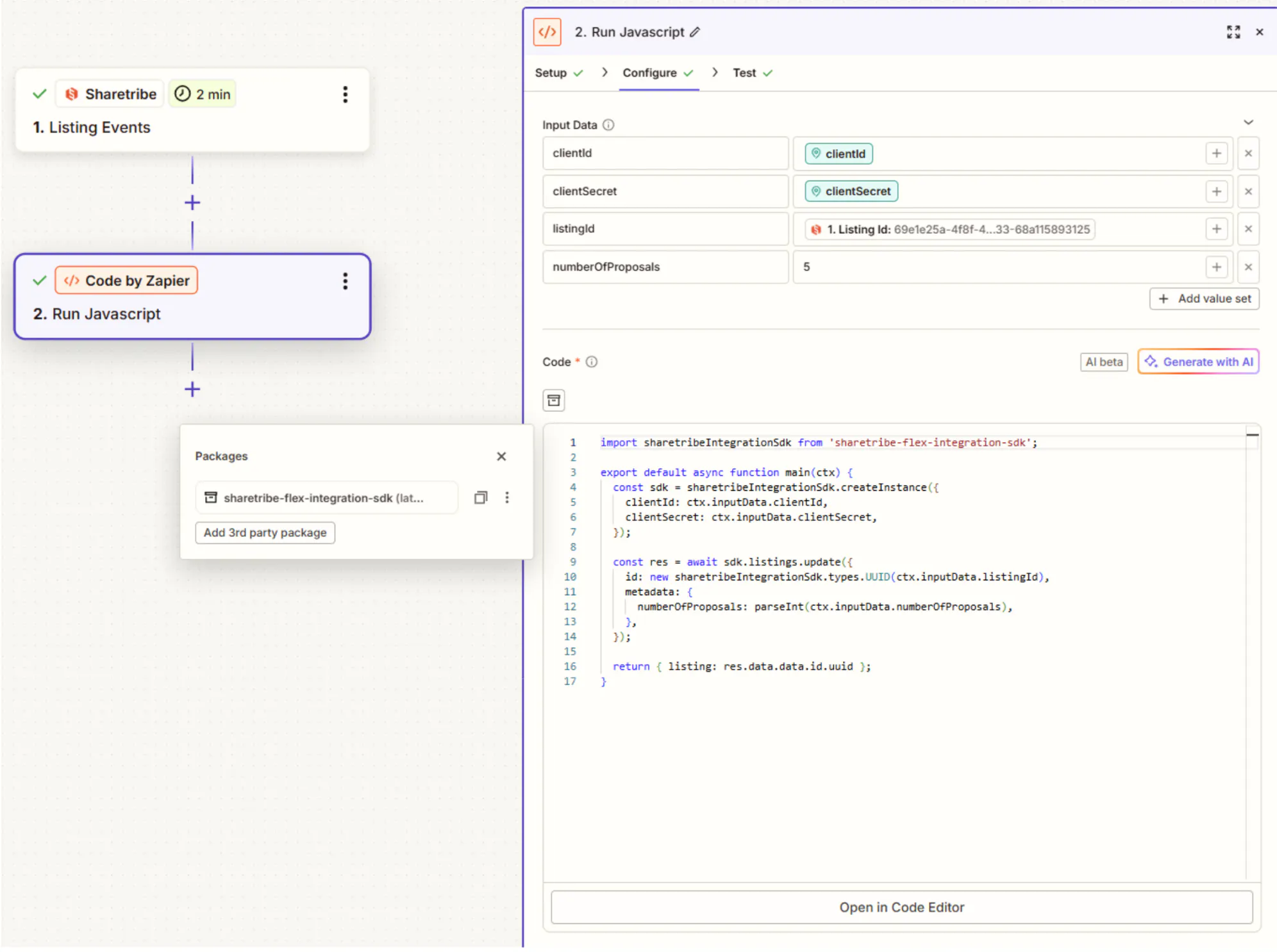 Screenshot of the Zapier dashboard showing an example of how to use code as a part of the Zap