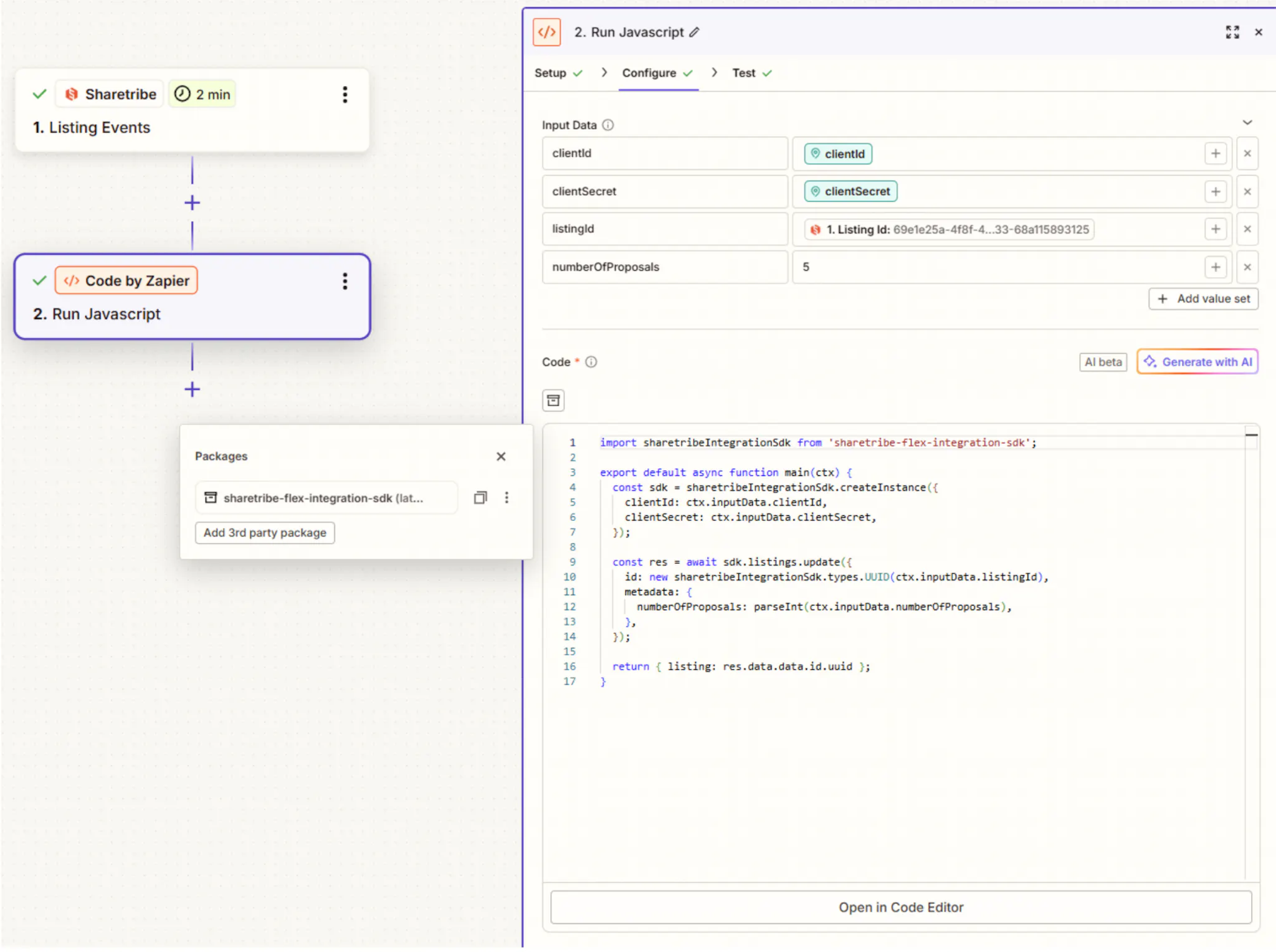 Screenshot of the Zapier dashboard showing an example of how to use code as a part of the Zap