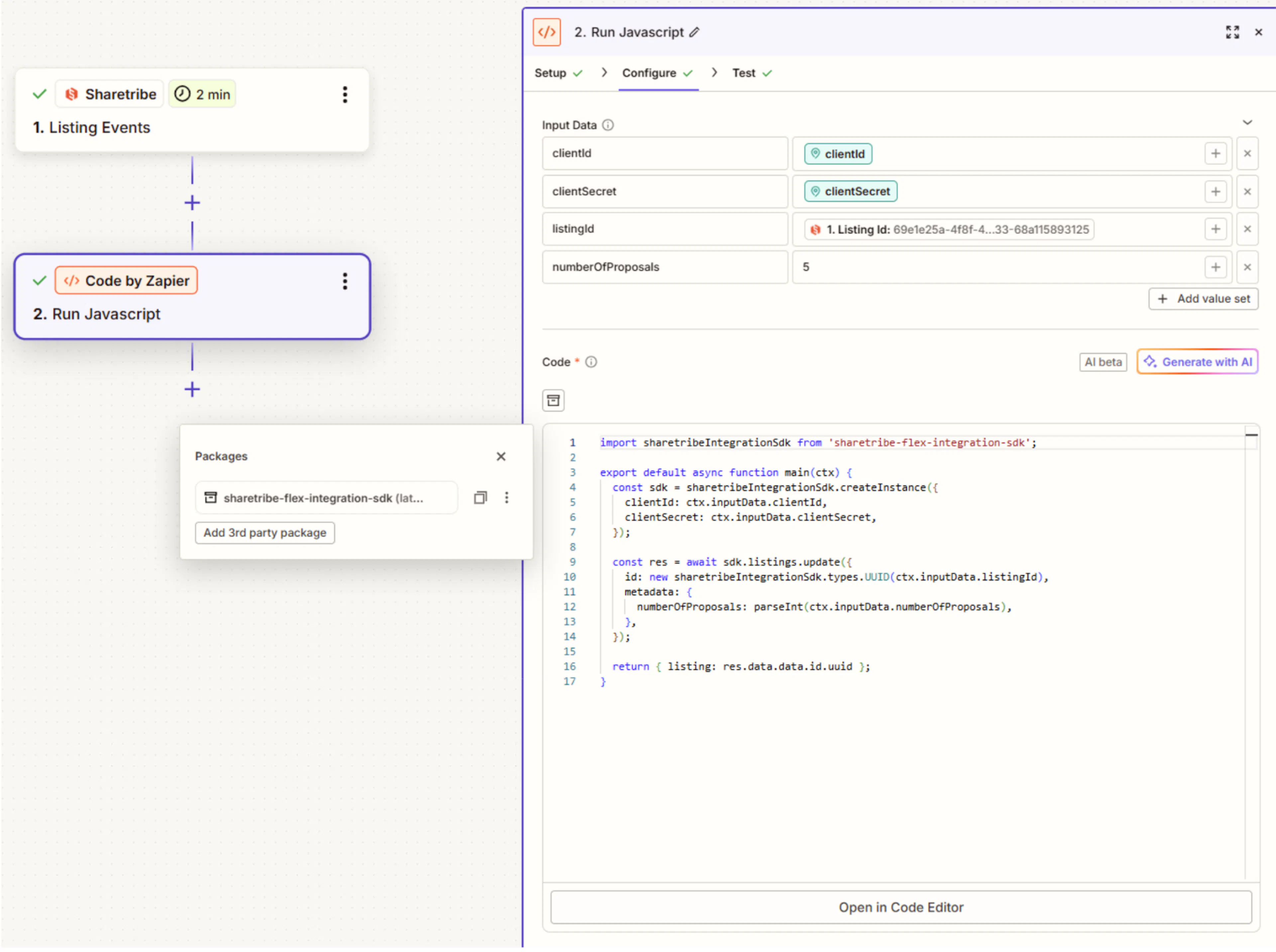 Screenshot of the Zapier dashboard showing an example of how to use code as a part of the Zap