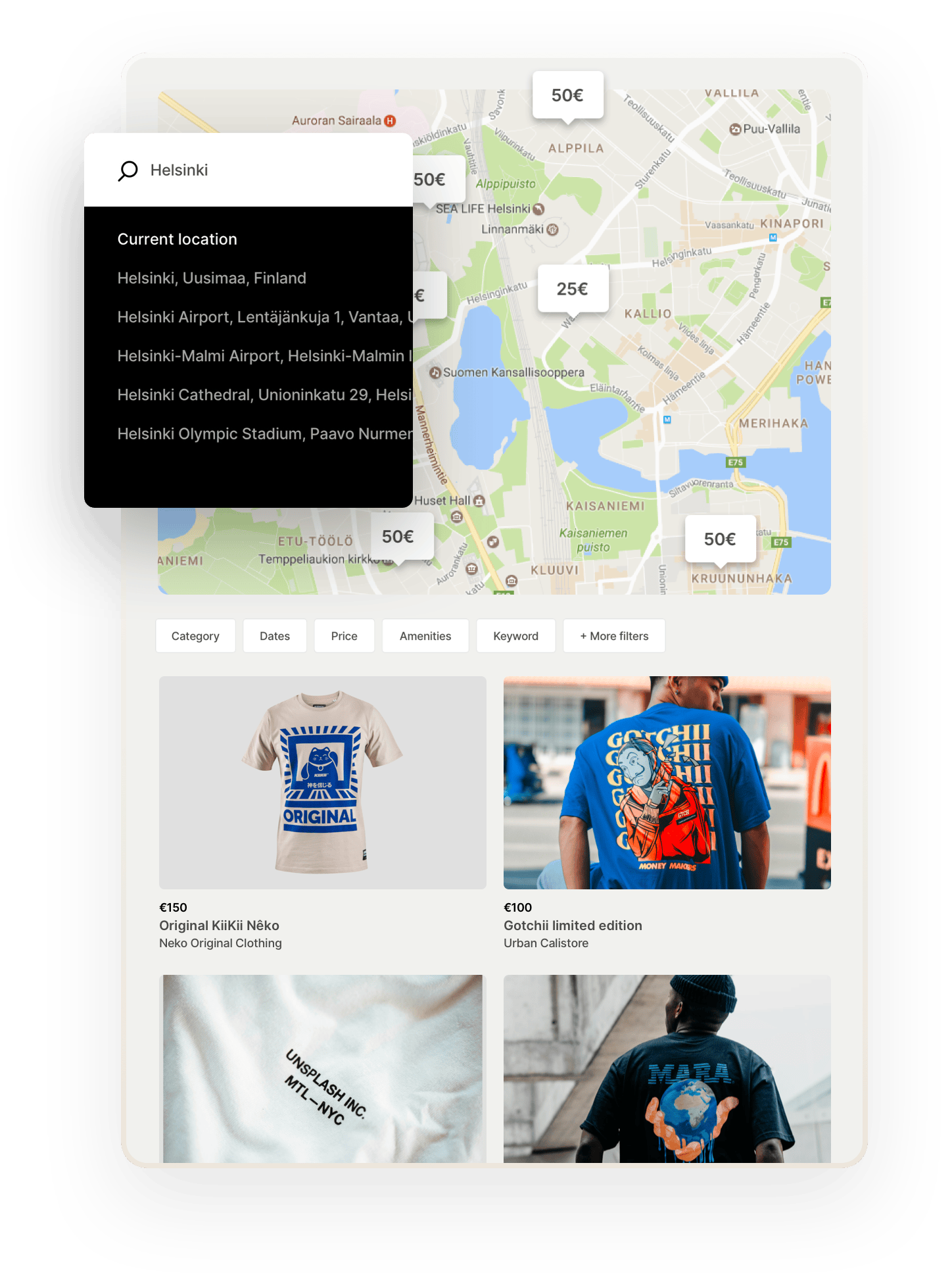 A map on the Teetribe marketplace, with bubbles for addresses where t-shirts are sold. Below, there are some additional filters like category and keywords. Then, some t-shirt thumbnails. Overlaid on top is a location search bar with suggested locations.