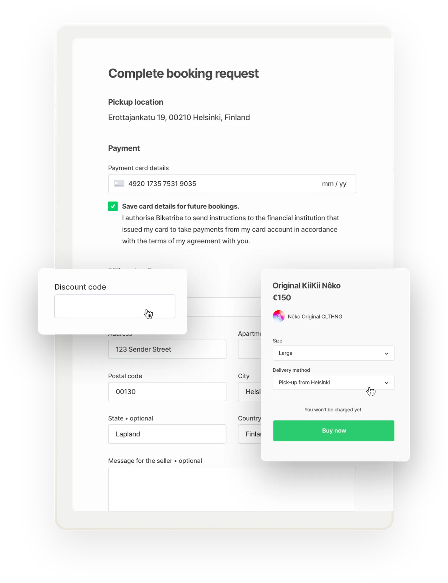 The checkout page for a t-shirt order with billing details. Overlaid on top are a purchase form with a Buy now button and another box where the buyer can enter a discount code.
