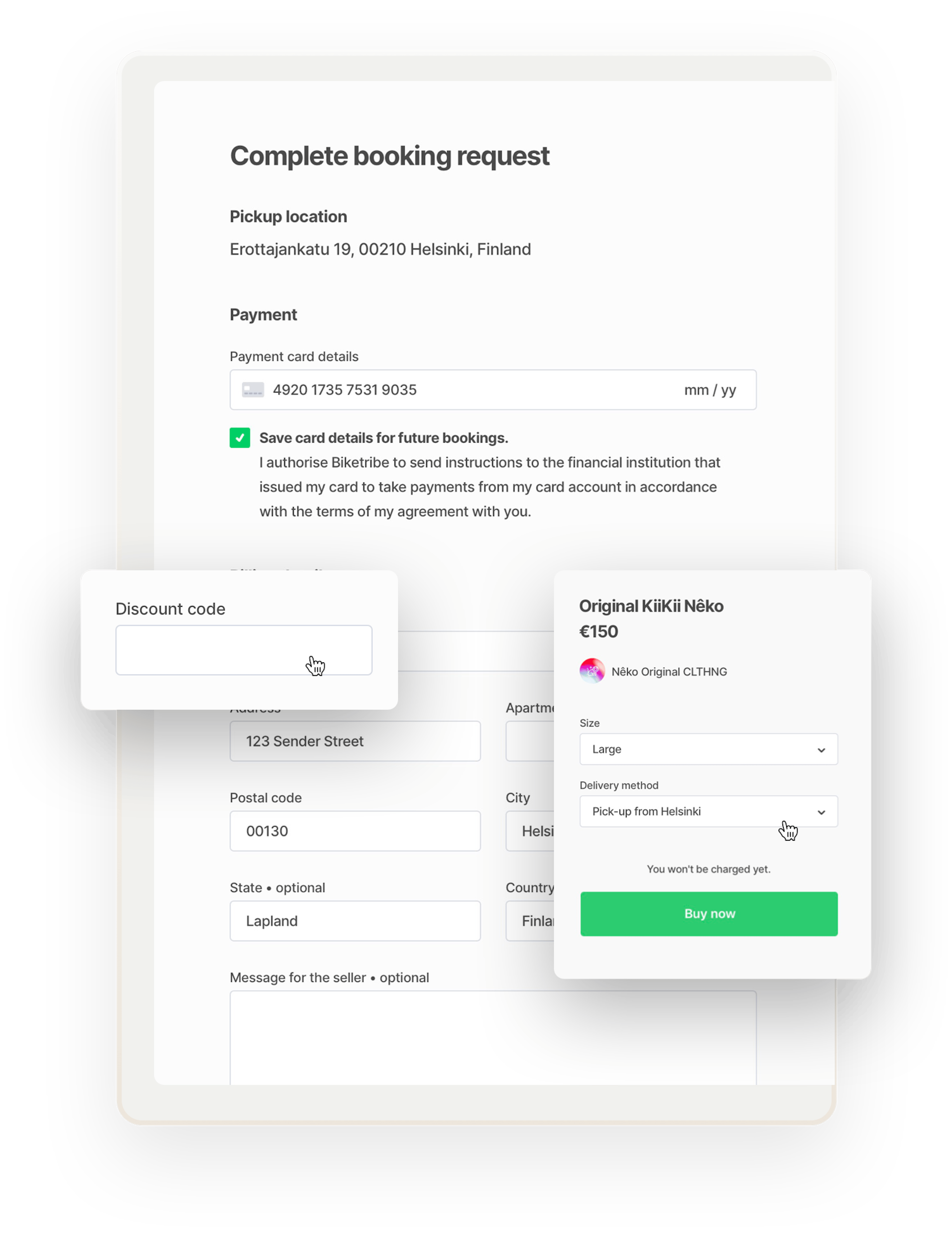 The checkout page for a t-shirt order with billing details. Overlaid on top are a purchase form with a Buy now button and another box where the buyer can enter a discount code.