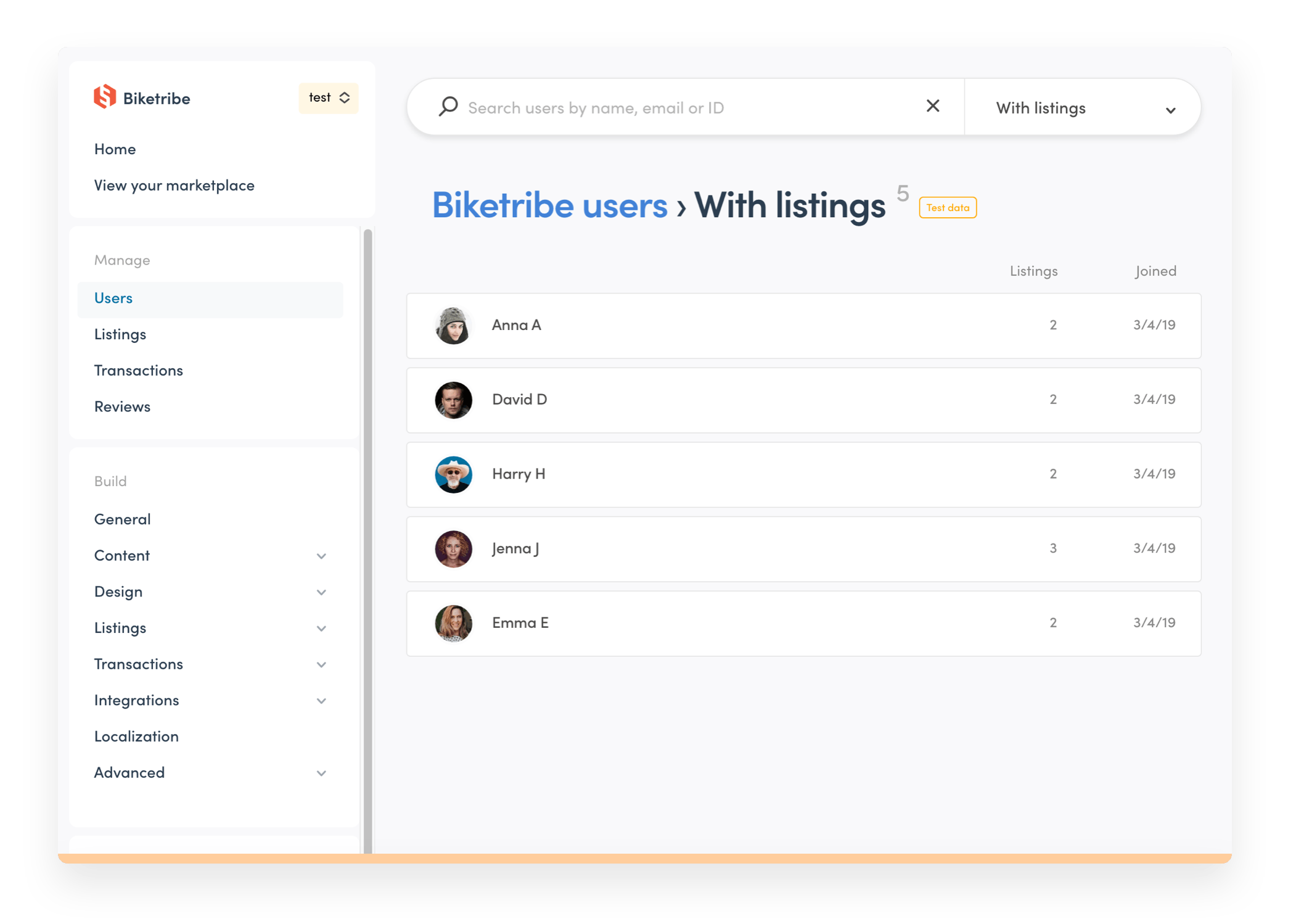 Sharetribe Console's Manage users section shows users with listings.