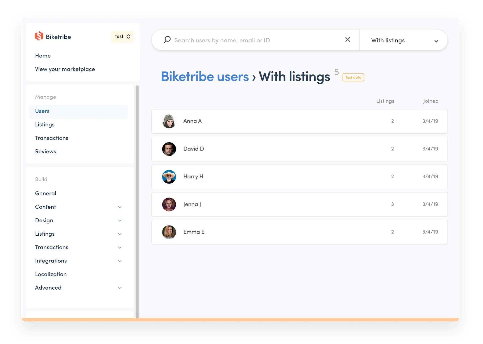 Sharetribe Console's Manage users section shows users with listings.