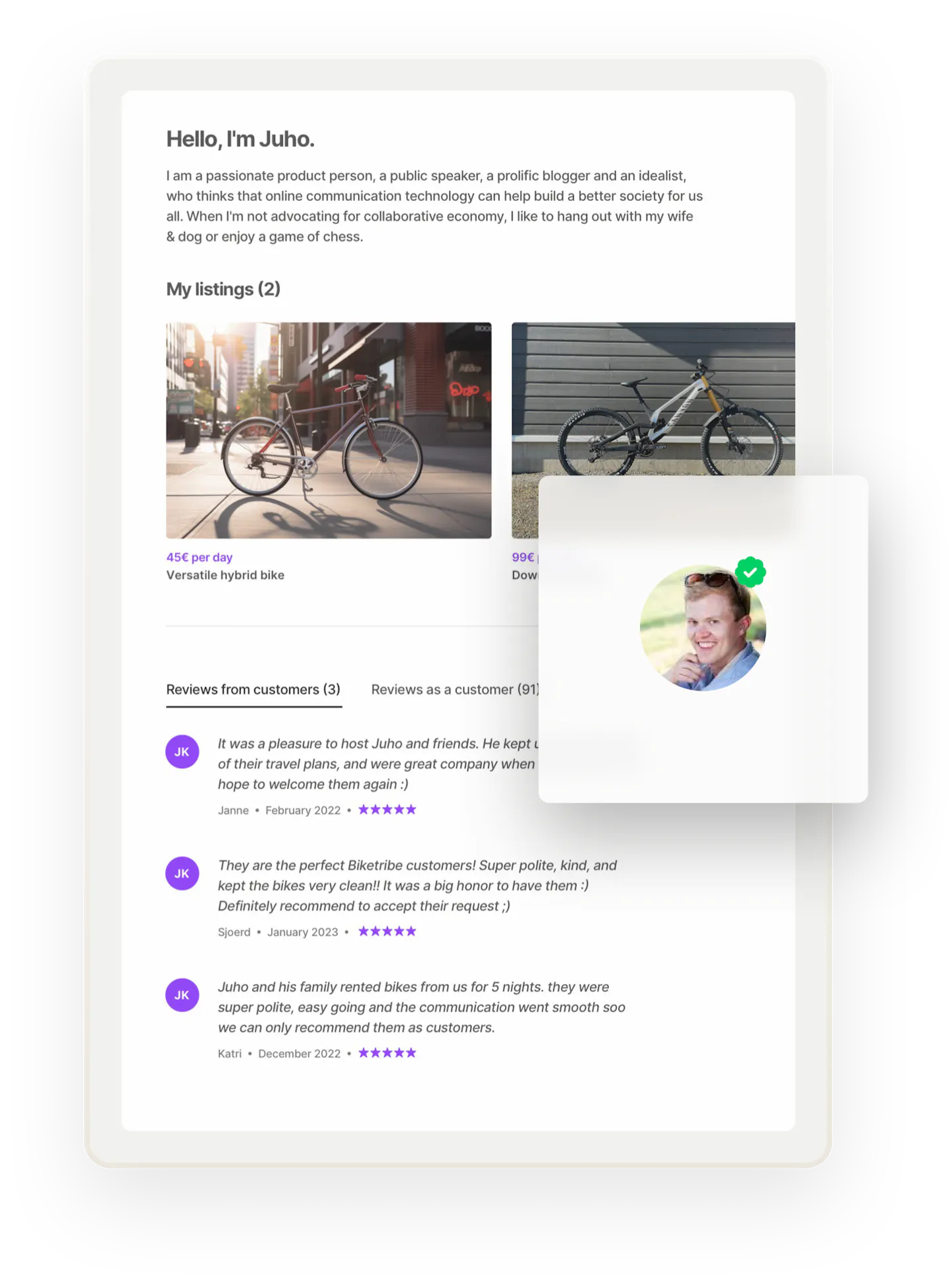 A sample page for a marketplace user called Juho. Juho's image is overlaid with a badge that denotes verification.