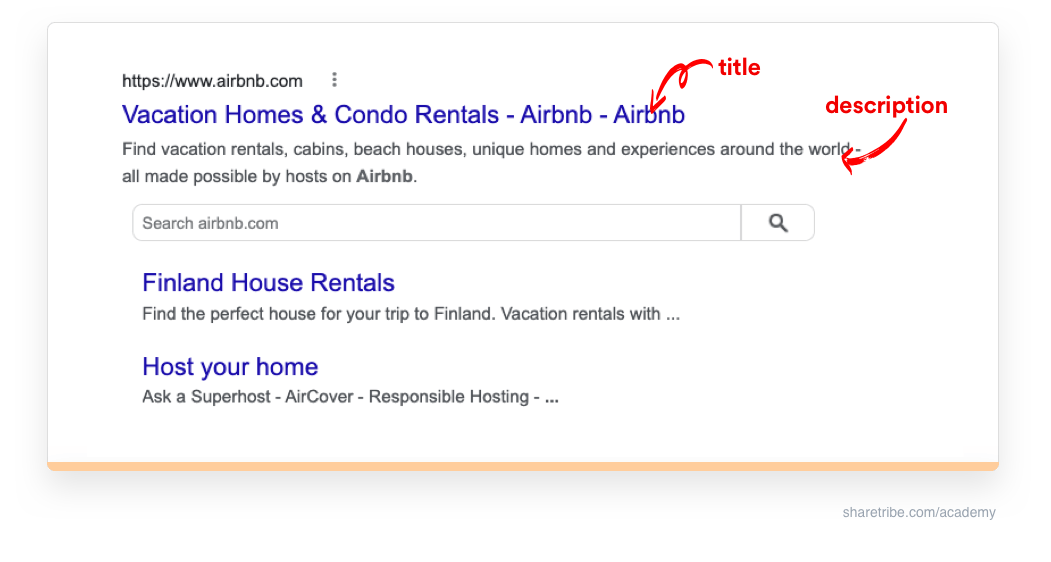 Screenshot of Airbnb's Google search result with arrows pointing to meta title and description.
