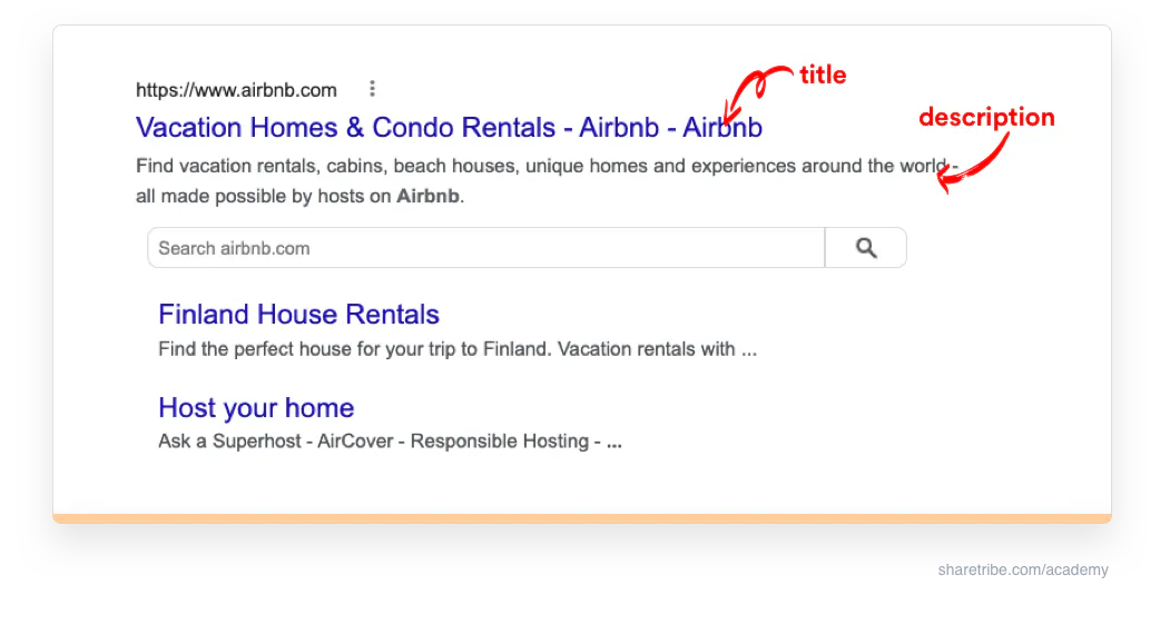 Screenshot of Airbnb's Google search result with arrows pointing to meta title and description.