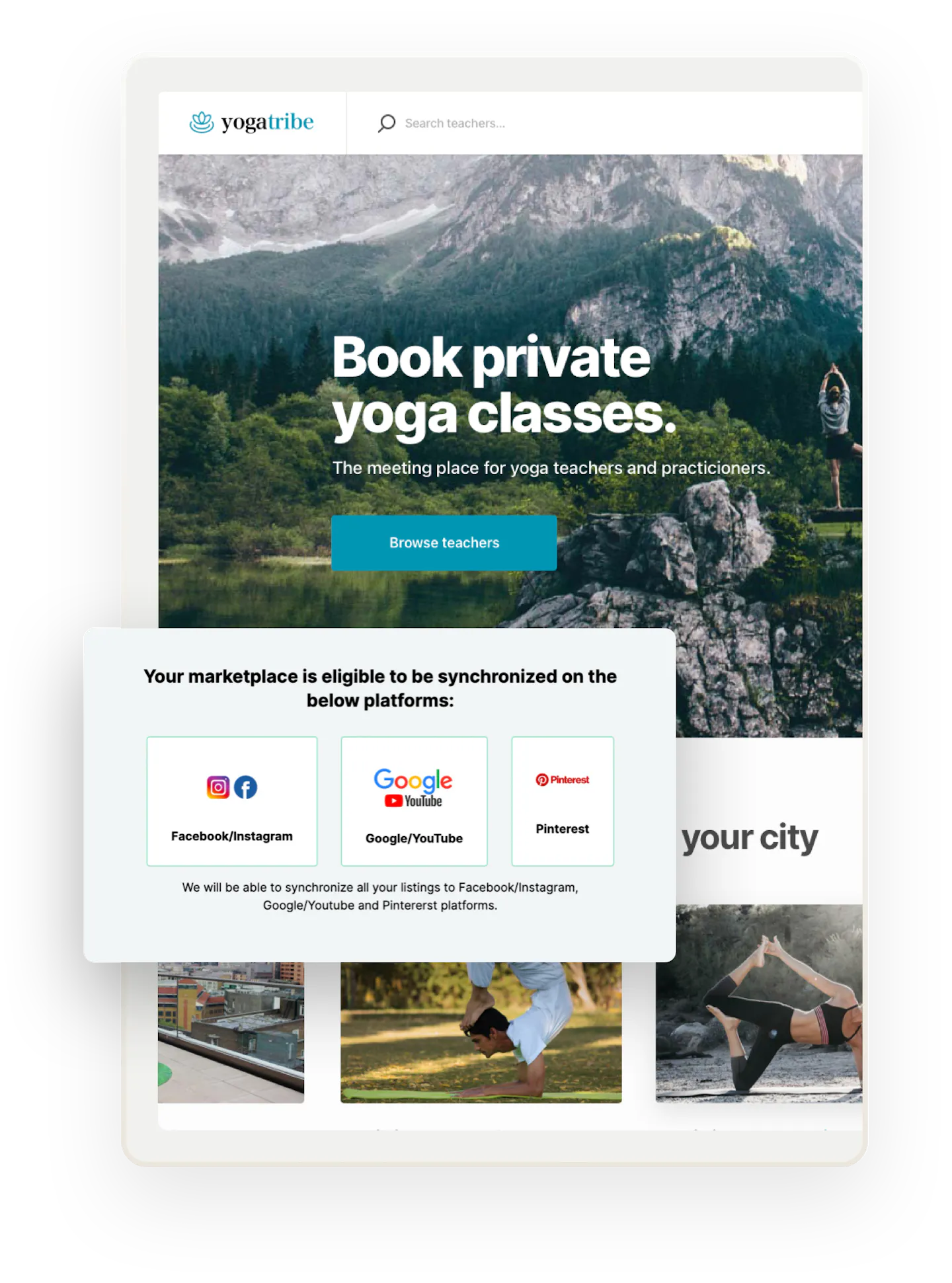 The home page of a yoga class marketplace. Overlaid on top is a snapshot of ShopSync where you can choose which social media to connect to.