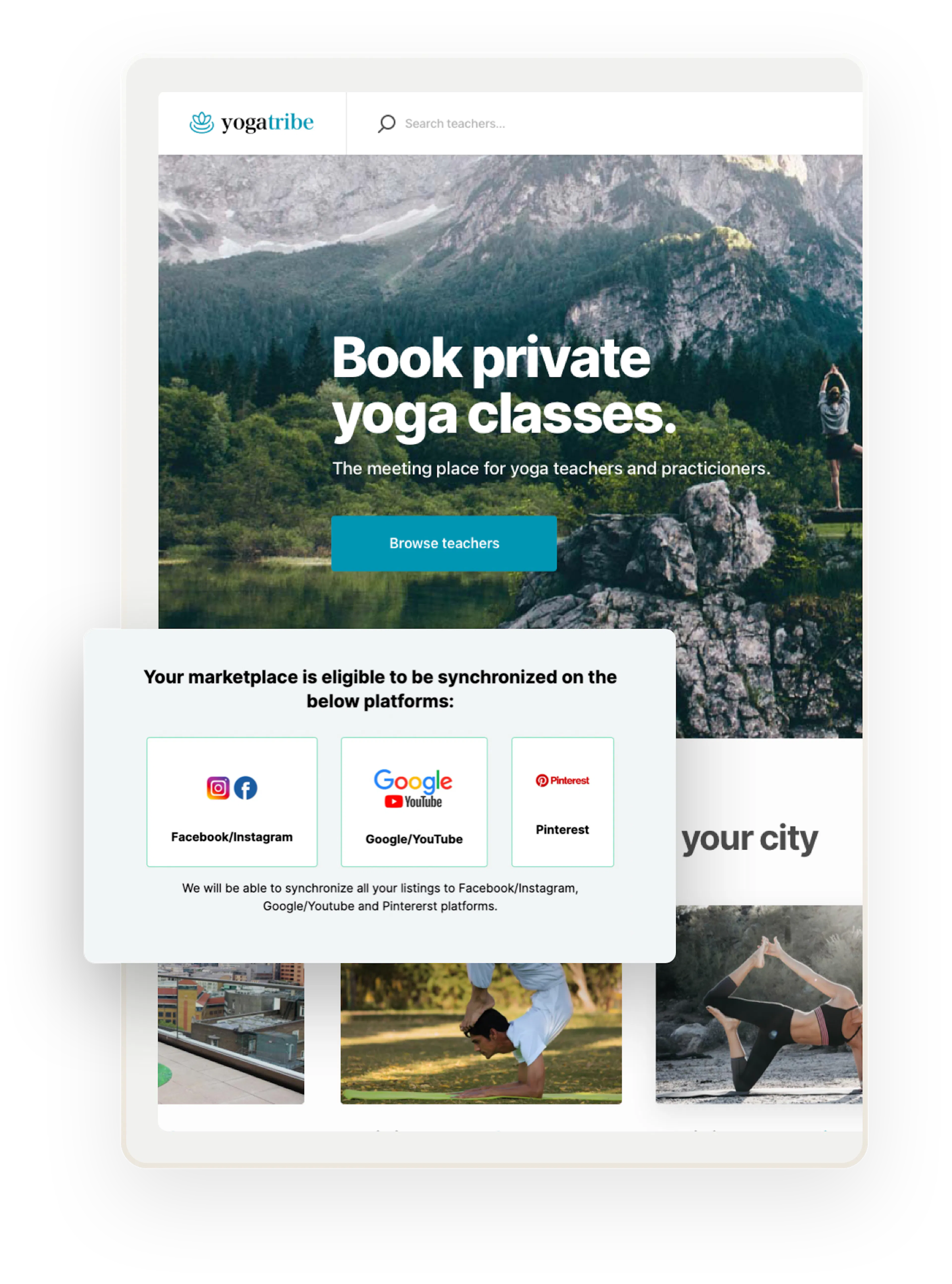 The home page of a yoga class marketplace. Overlaid on top is a snapshot of ShopSync where you can choose which social media to connect to.