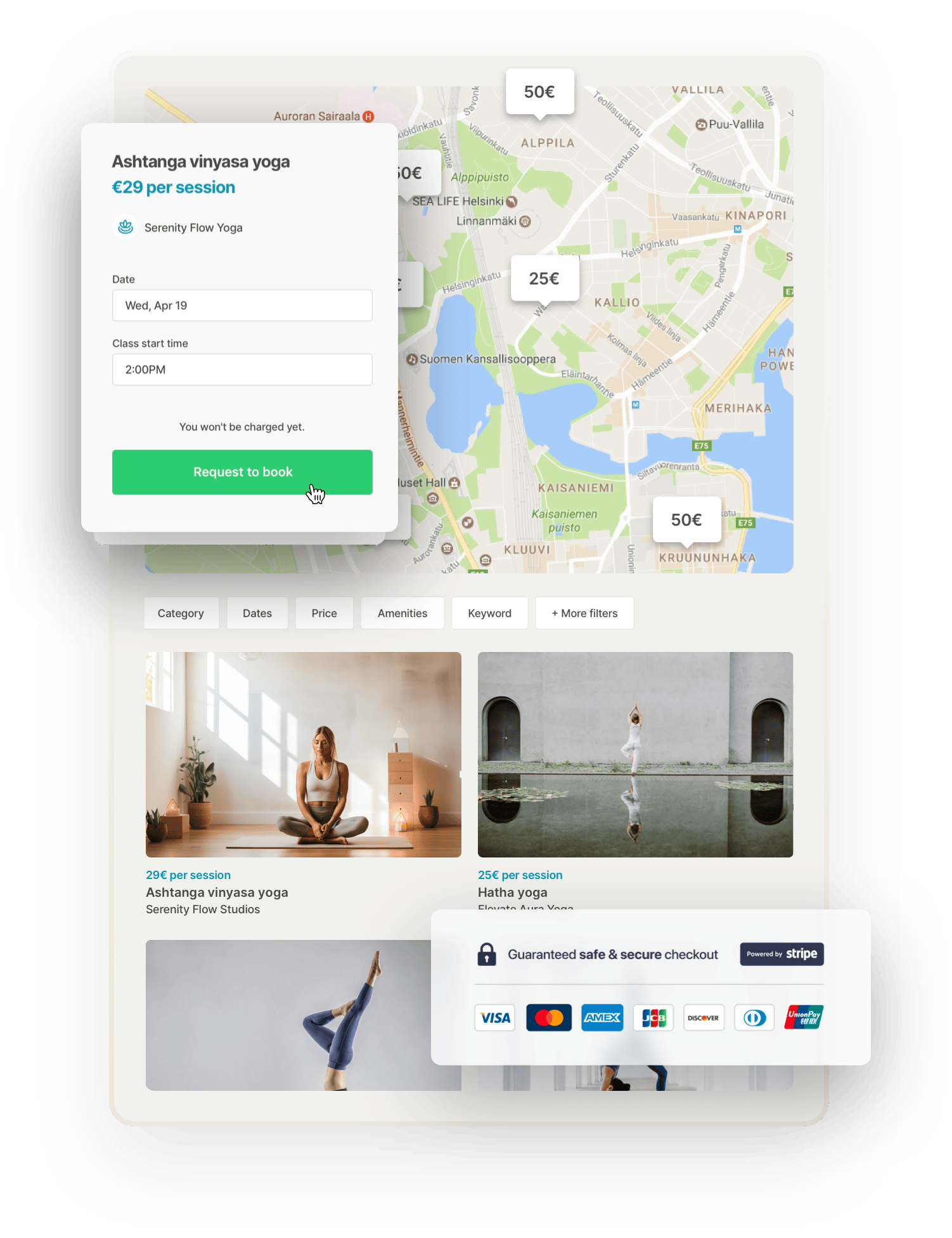 A map of a sample marketplace for yoga classes built with Sharetribe's marketplace software. There are bubbles where yoga classes take place. Overlaid on top is a booking form for a yoga class and a box that shows accepted payment methods, all big credit cards.