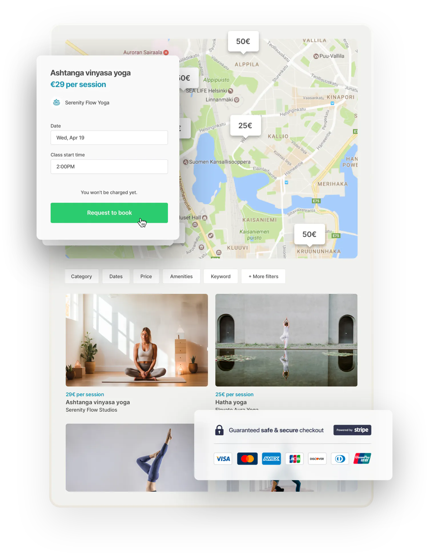 A map of a sample marketplace for yoga classes, with bubbles where yoga classes take place. Overlaid on top is a booking form for a yoga class and a box that shows accepted payment methods, all big credit cards.
