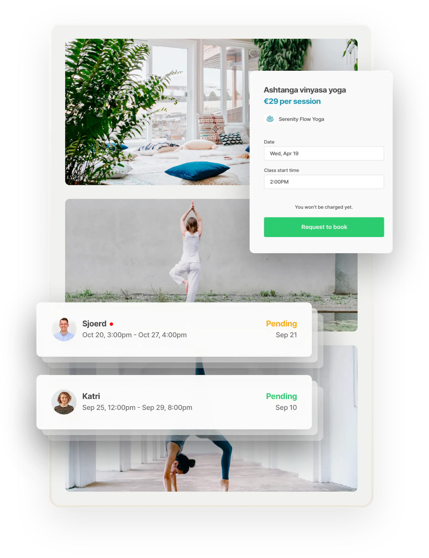 An ashtanga vinyasa yoga class is offered at 29 euros per session. Two inbox banners overlaid in boxes on top show messages from prospective customers. Sjoerd wants to book the class in October, Katri in September.