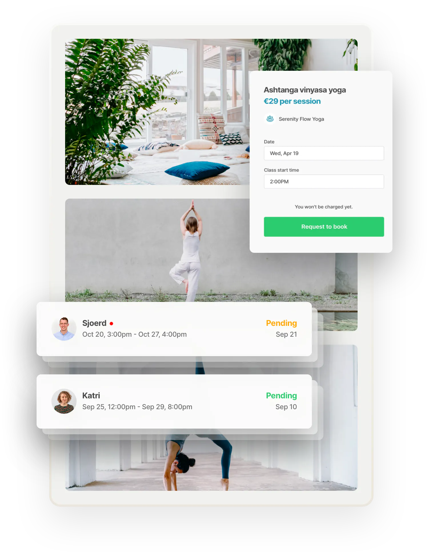 An ashtanga vinyasa yoga class is offered at 29 euros per session. Two inbox banners overlaid in boxes on top show messages from prospective customers. Sjoerd wants to book the class in October, Katri in September.